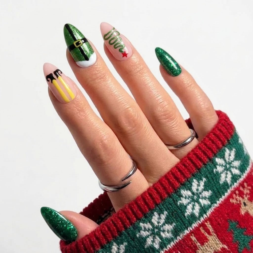 Elf Mode Christmas press-on nails - design view 2 by Handora Nails
