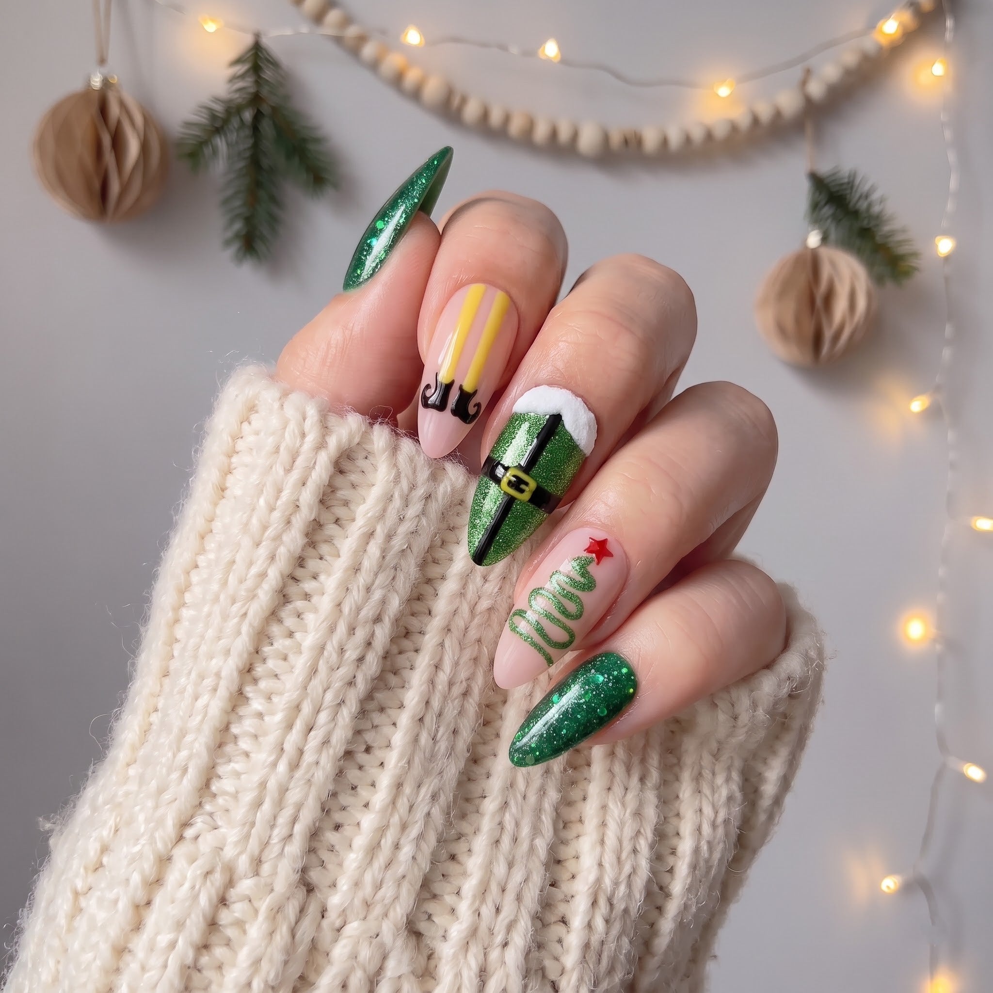 Elf Mode Christmas press-on nails - design view 5 by Handora Nails