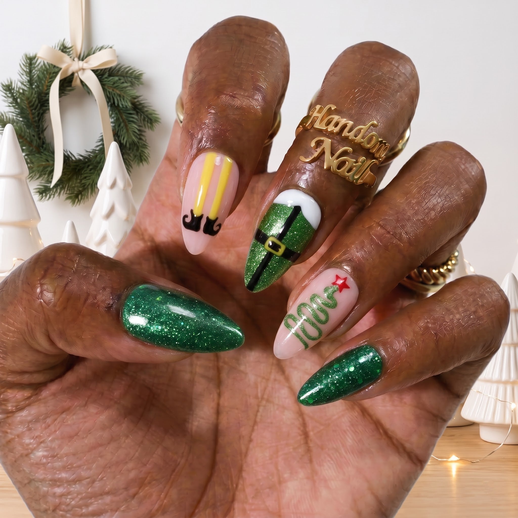 Elf Mode Christmas press-on nails - design view 6 by Handora Nails