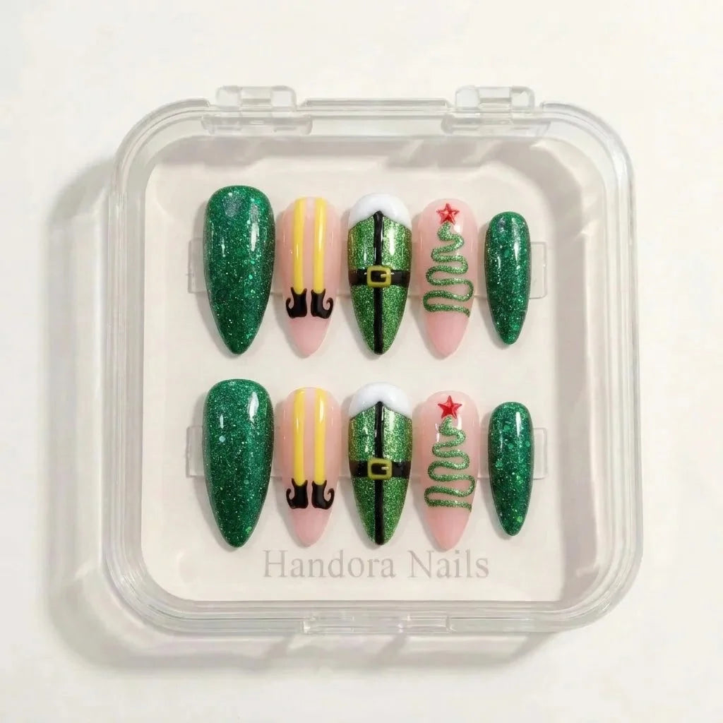 Elf Mode Christmas press-on nails - design view 9 by Handora Nails