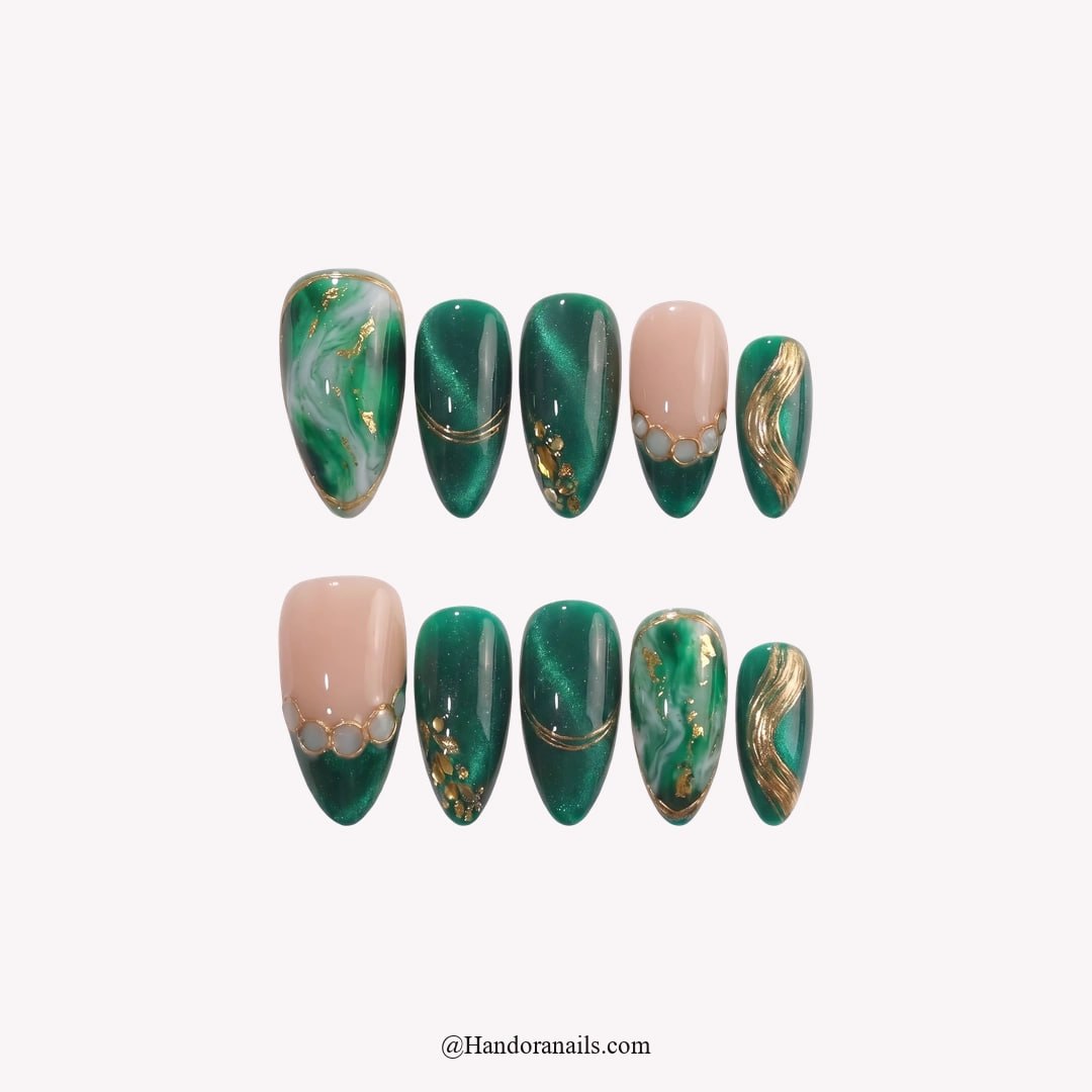 Emerald Eve Christmas press-on nails - white background by Handora Nails