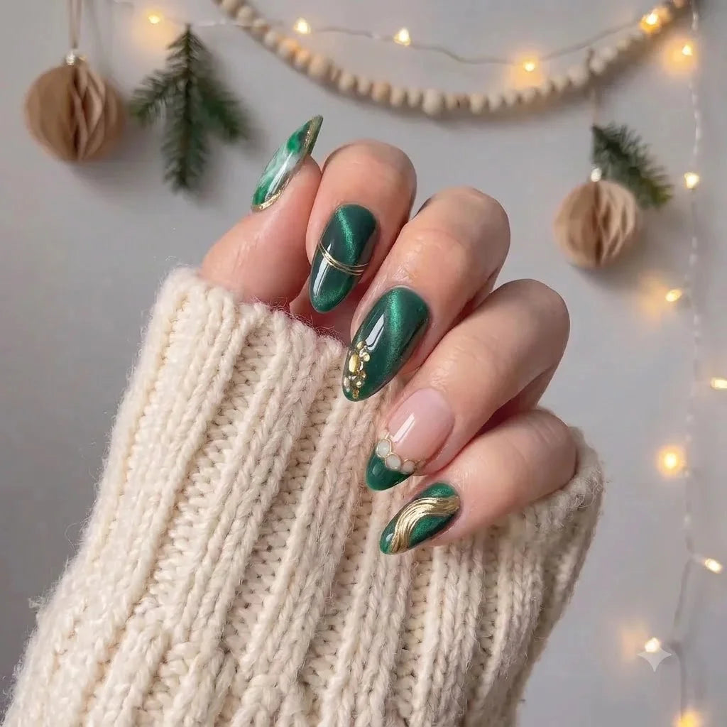 Emerald Eve Christmas press-on nails - design view 4 by Handora Nails