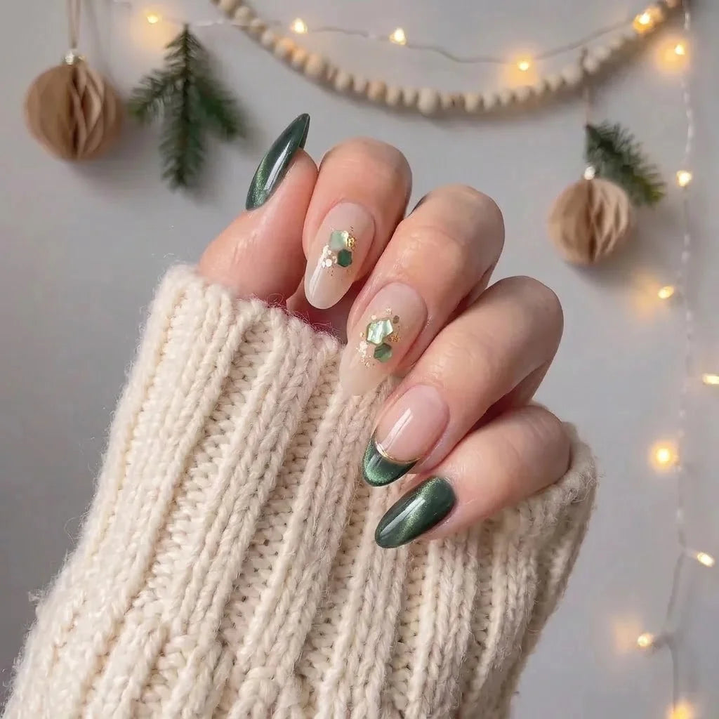 Evergreen Gleam Christmas press-on nails - design view 3 by Handora Nails