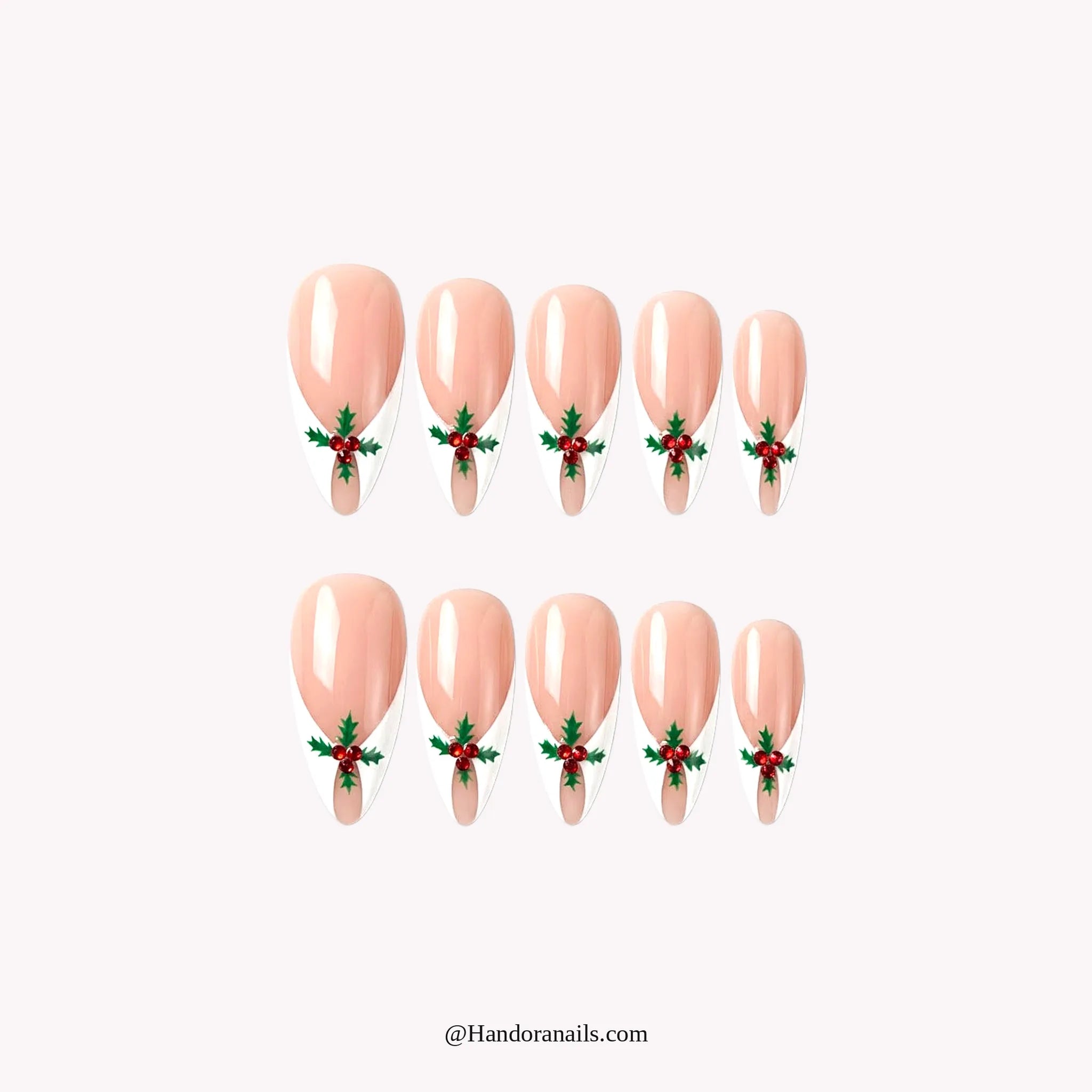Evergreen Tip press-on nails – almond shape, white and nude