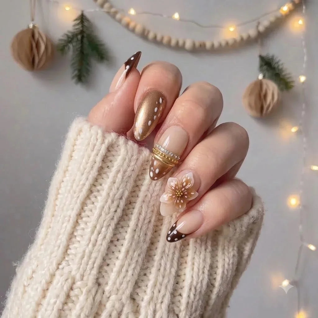 Fawn Blossom winter press-on nails - on hand by Handora Nails