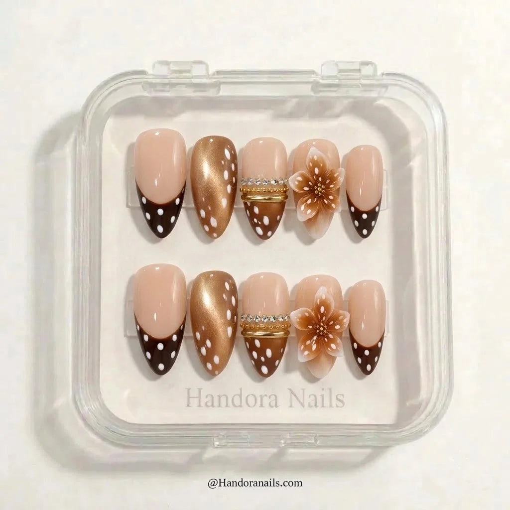 Fawn Blossom winter press-on nails - in display box by Handora Nails