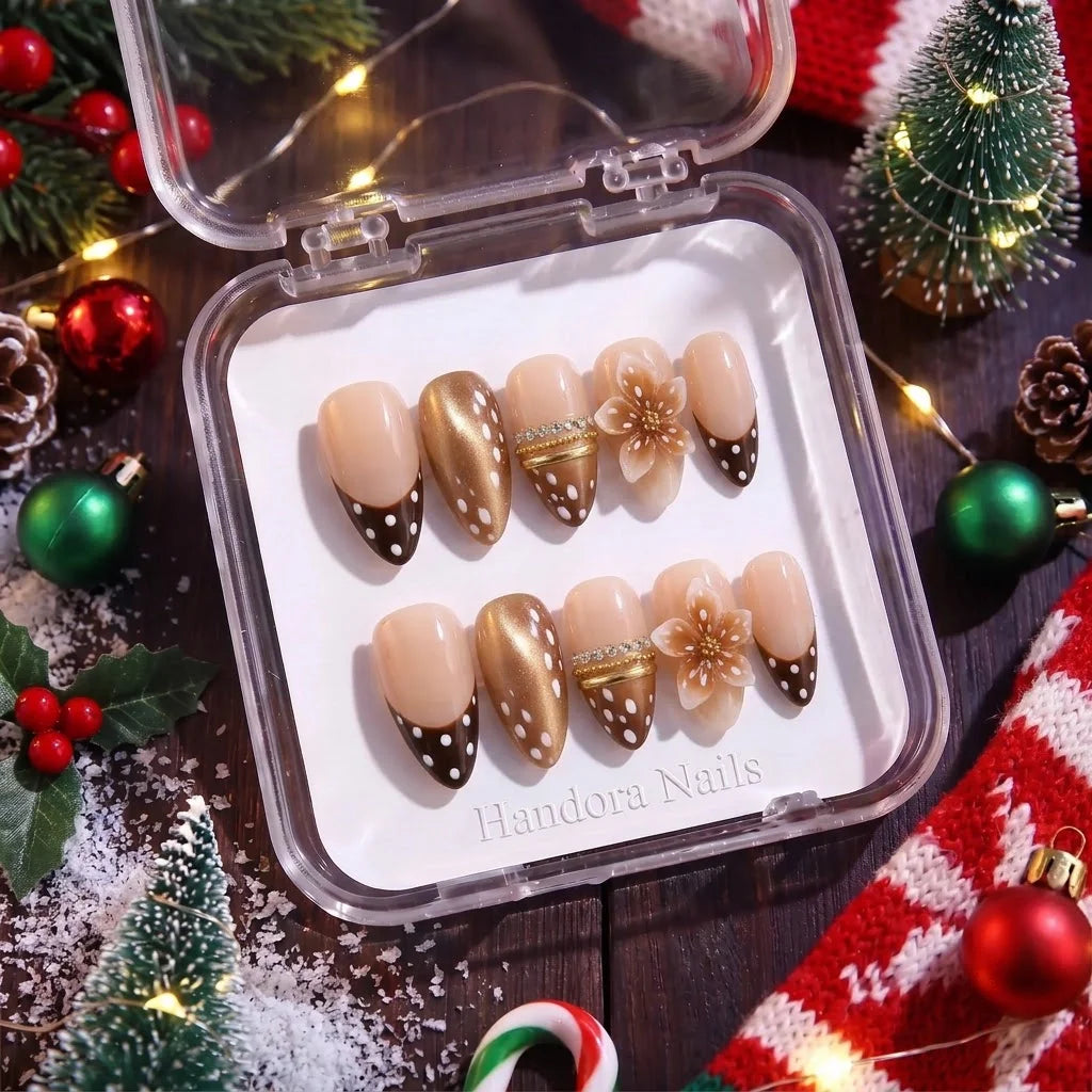 Fawn Blossom winter press-on nails - in display box by Handora Nails