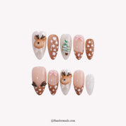 Fawn Forest Christmas press-on nails - white background by Handora Nails