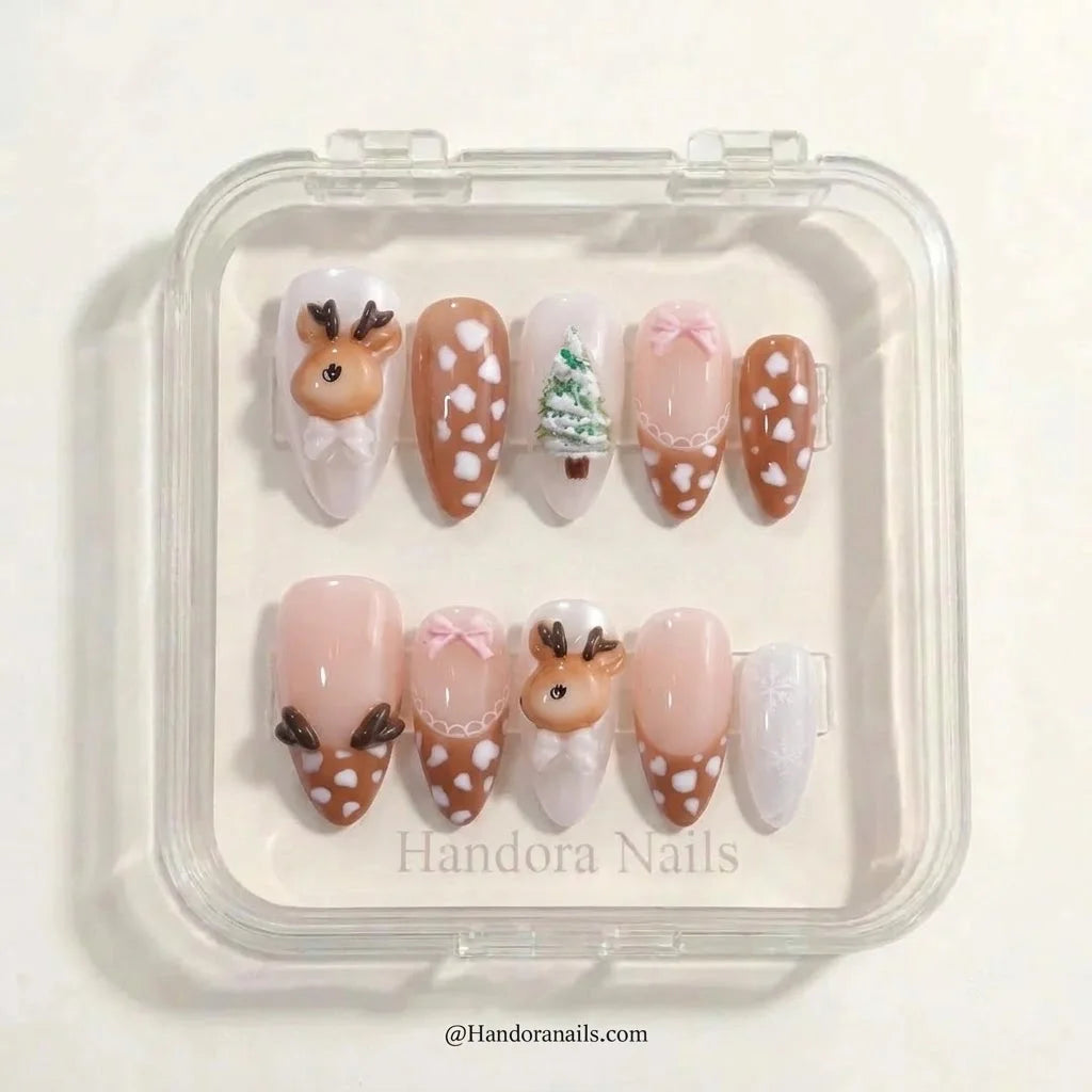 Fawn Forest Christmas press-on nails - design view 5 by Handora Nails