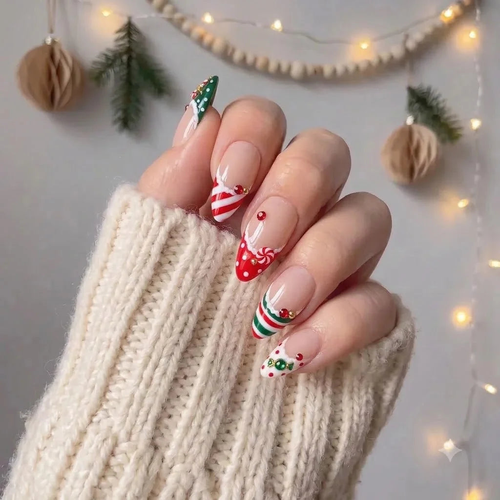Festive Sprinkle Christmas press-on nails - on hand by Handora Nails