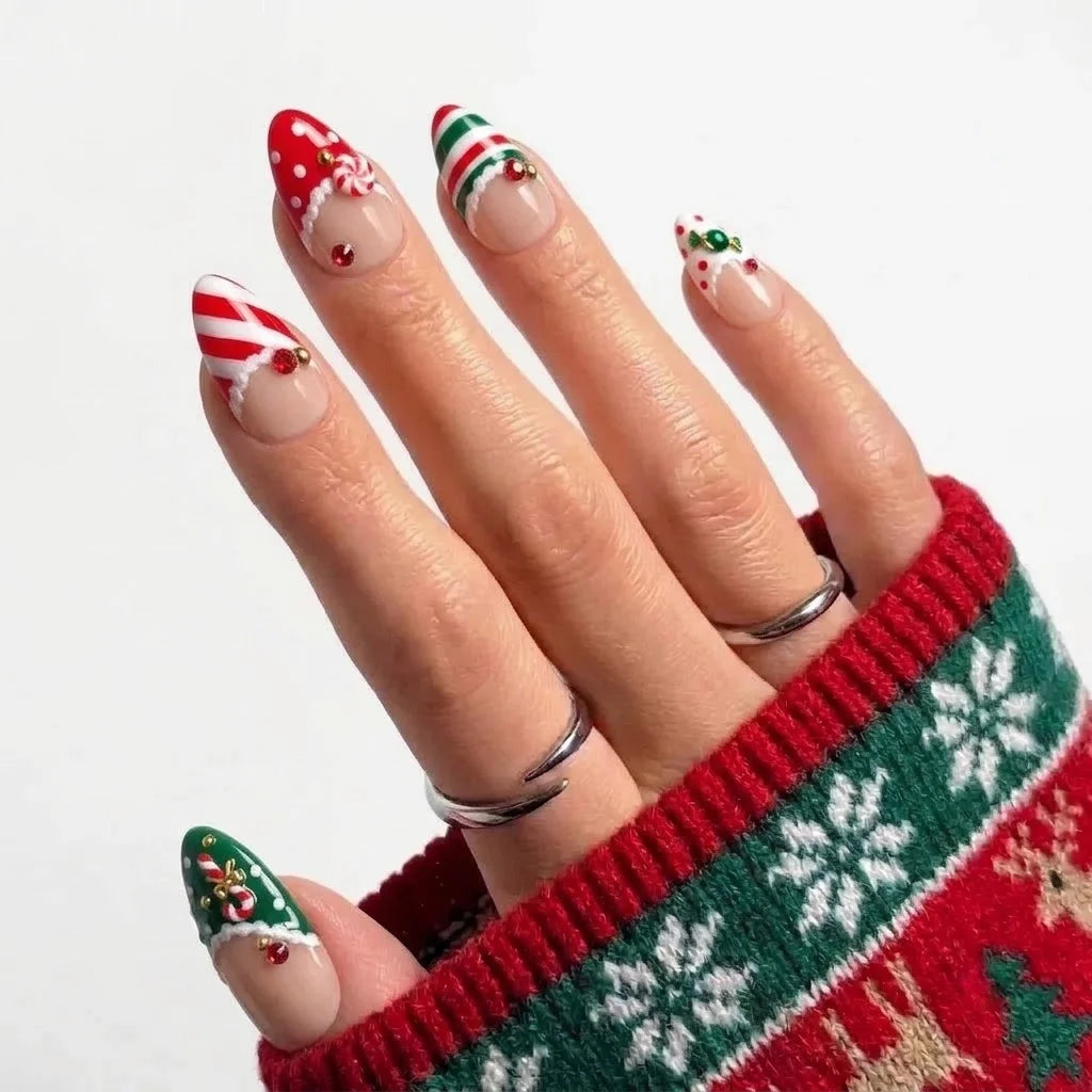 Festive Sprinkle Christmas press-on nails - on hand by Handora Nails