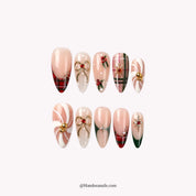Fireside Mix press-on nails – almond shape, green and gold