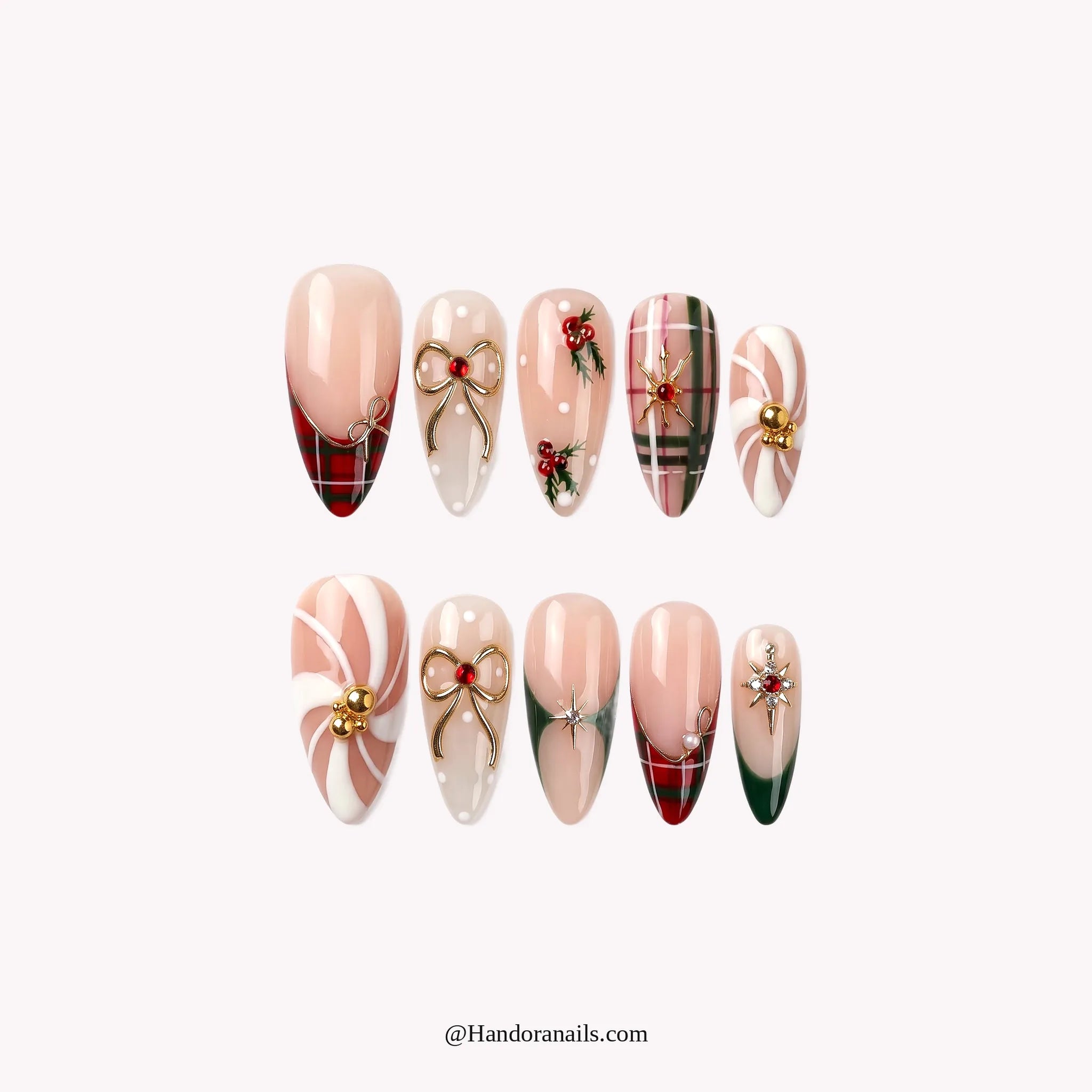 Fireside Mix press-on nails – almond shape, green and gold