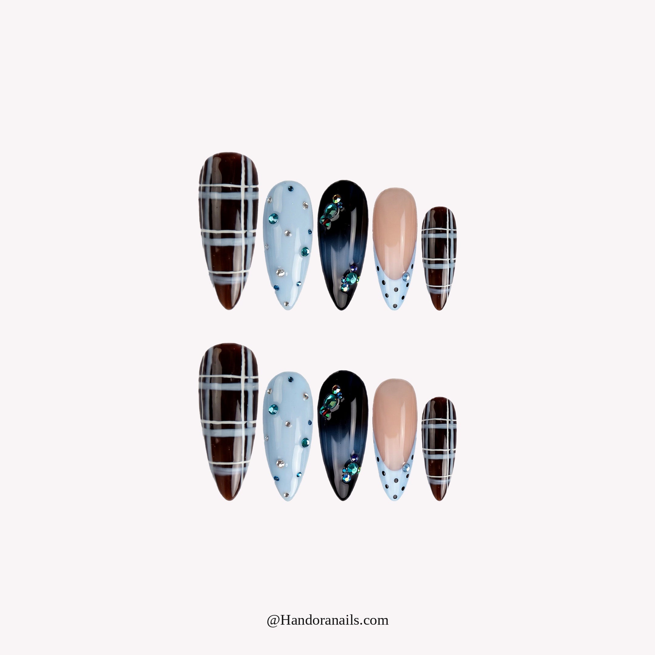 Frost Plaid Christmas press-on nails – white background by Handora Nails