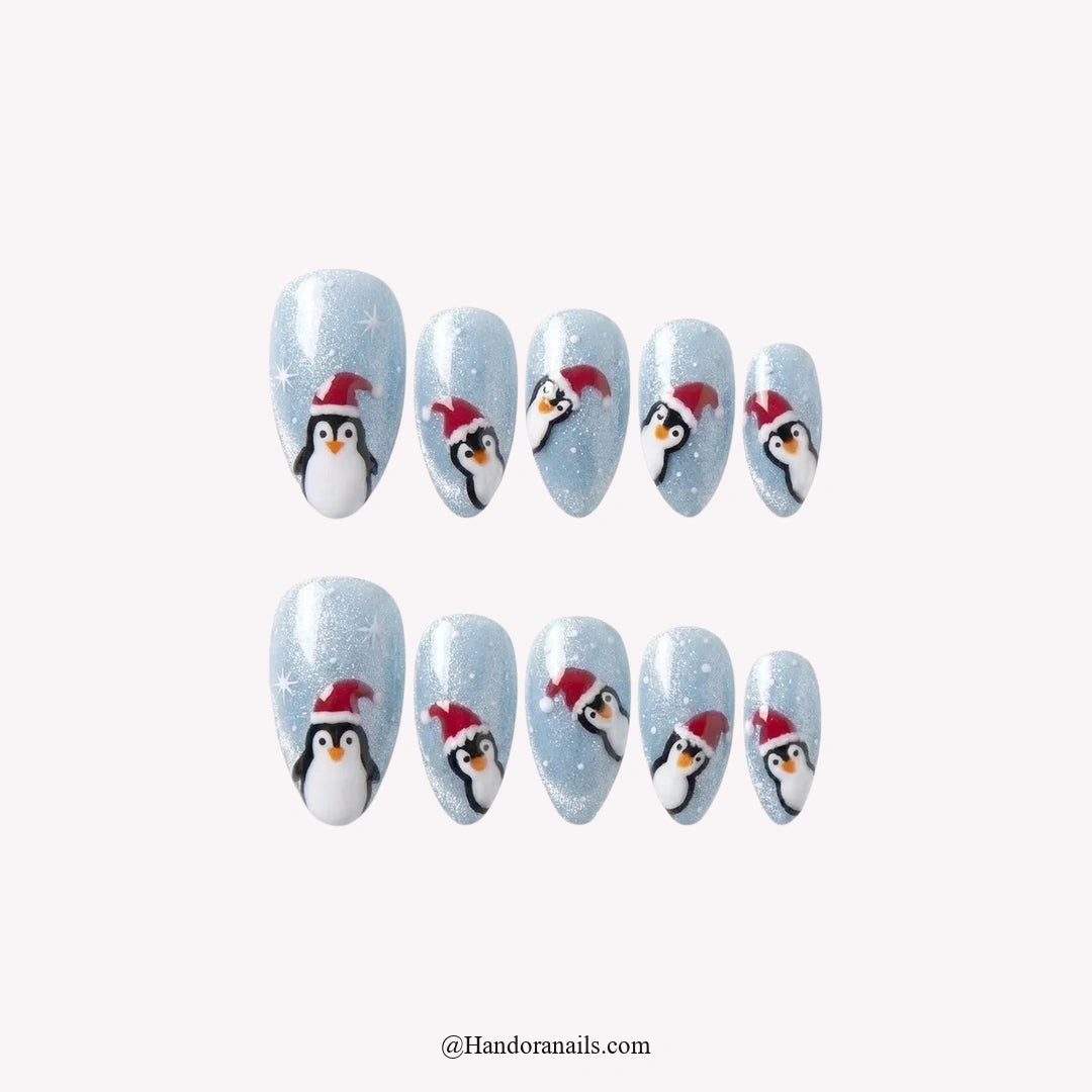 Frosty Flock Christmas press-on nails - white background by Handora Nails