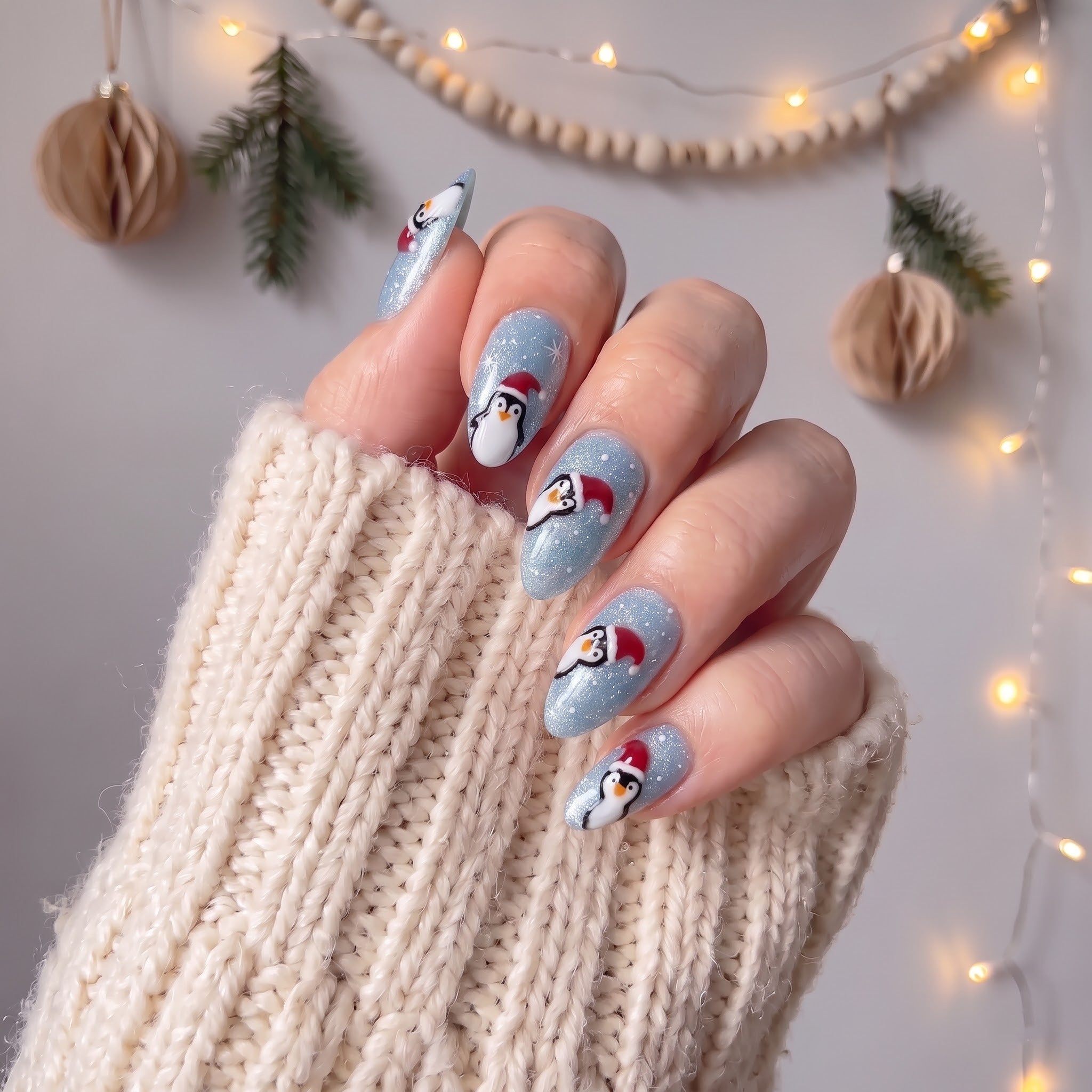 Frosty Flock Christmas press-on nails - design view 3 by Handora Nails