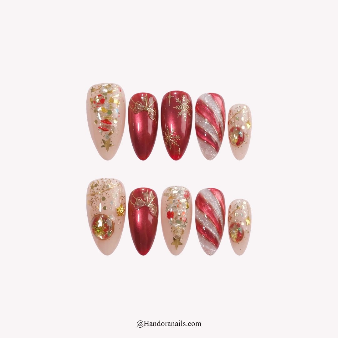 Gilded Candy Christmas press-on nails - white background by Handora Nails
