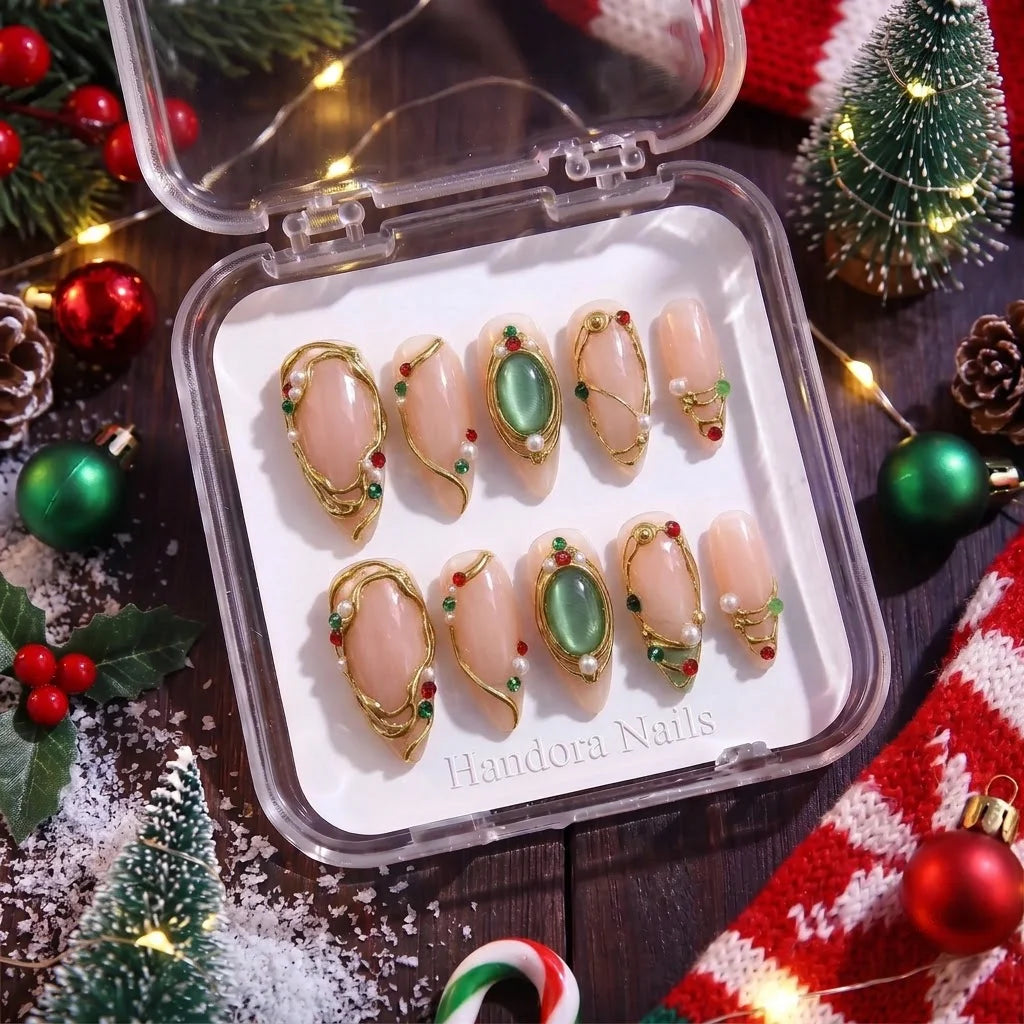 Gilded Holly Christmas press-on nails - design view 10 by Handora Nails