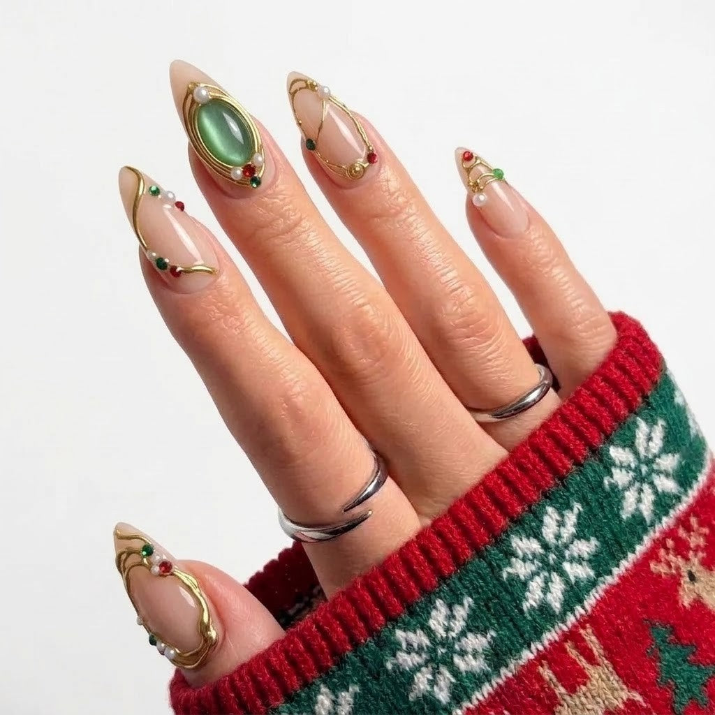 Gilded Holly Christmas press-on nails - design view 3 by Handora Nails