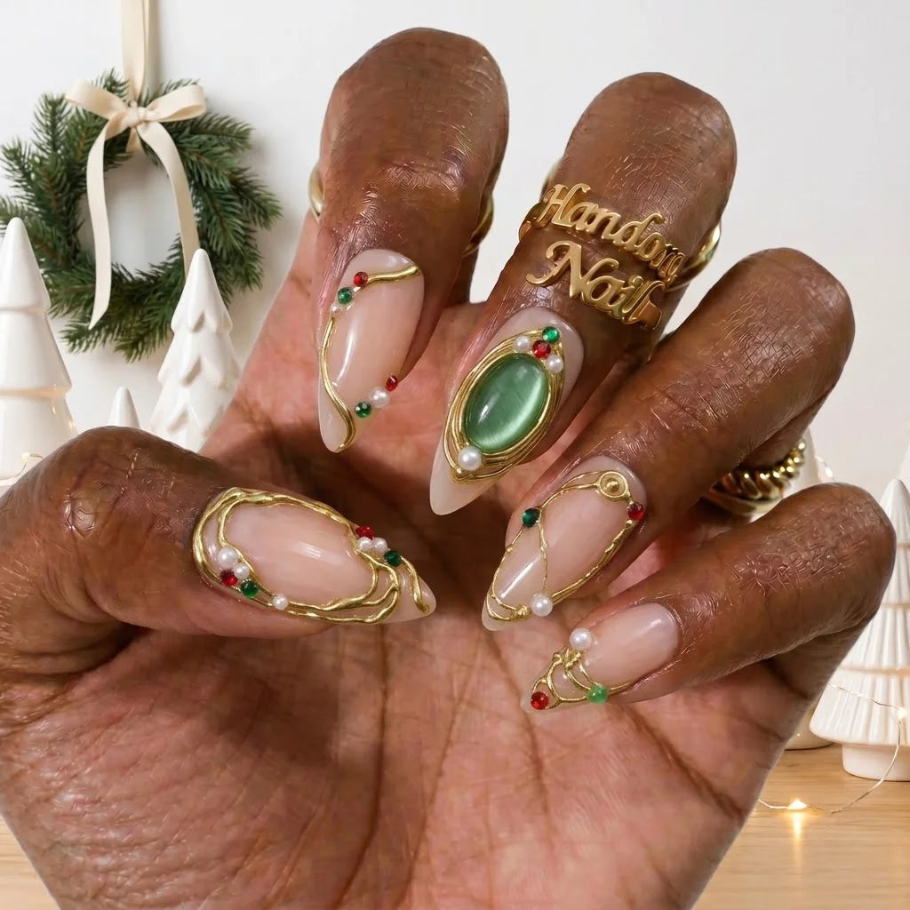 Gilded Holly Christmas press-on nails - design view 6 by Handora Nails