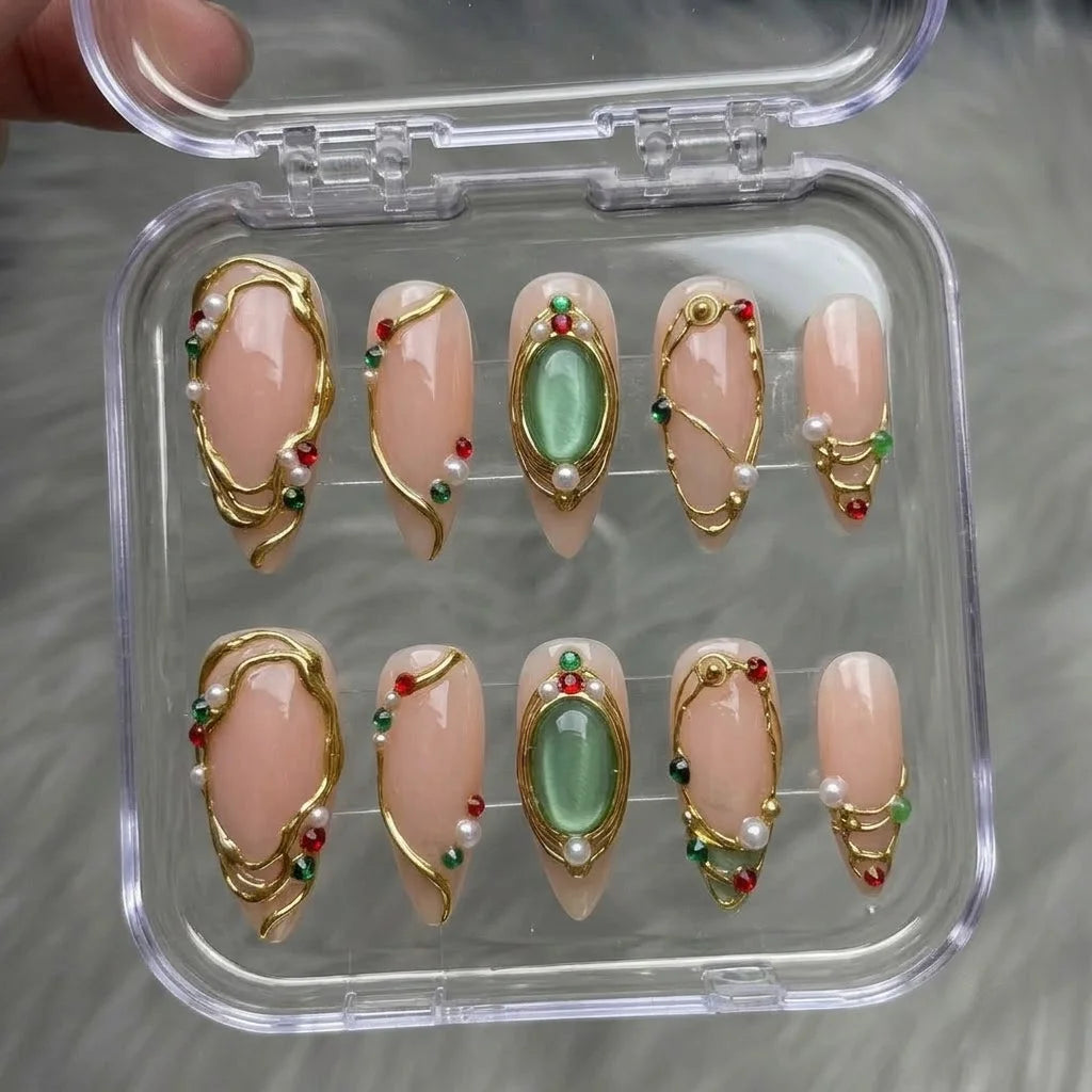 Gilded Holly Christmas press-on nails - design view 8 by Handora Nails