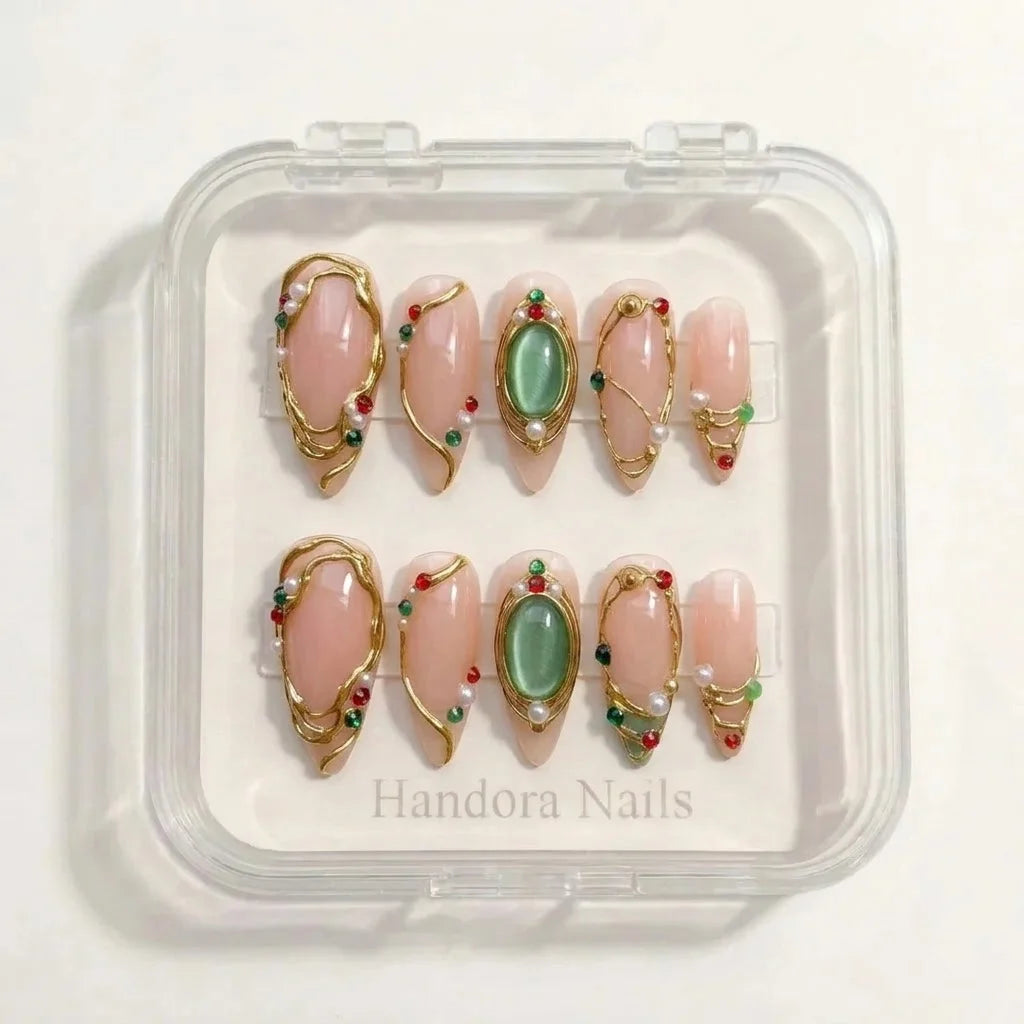 Gilded Holly Christmas press-on nails - design view 9 by Handora Nails