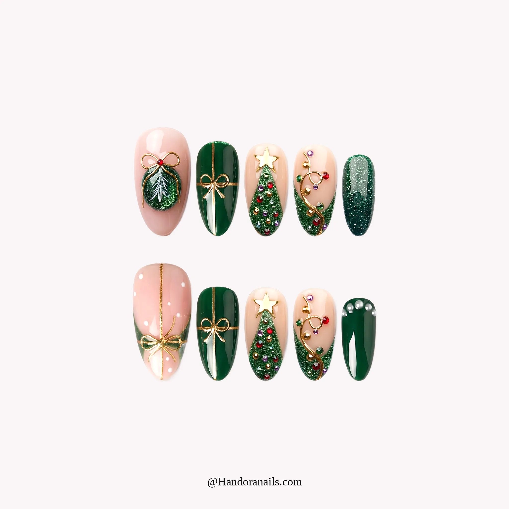 Gilded Pine press-on nails – almond shape, green and gold