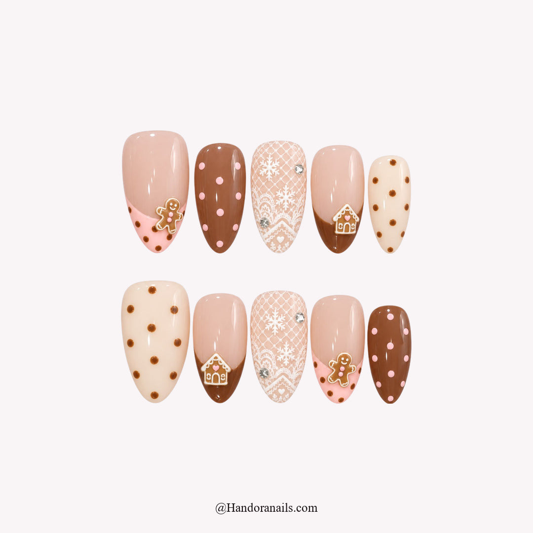 Gingerbread Lace Christmas press-on nails - white background by Handora Nails