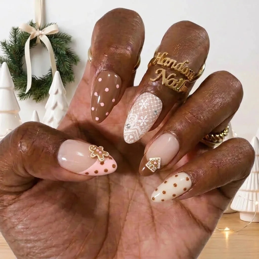 Gingerbread Lace Christmas press-on nails - on hand by Handora Nails