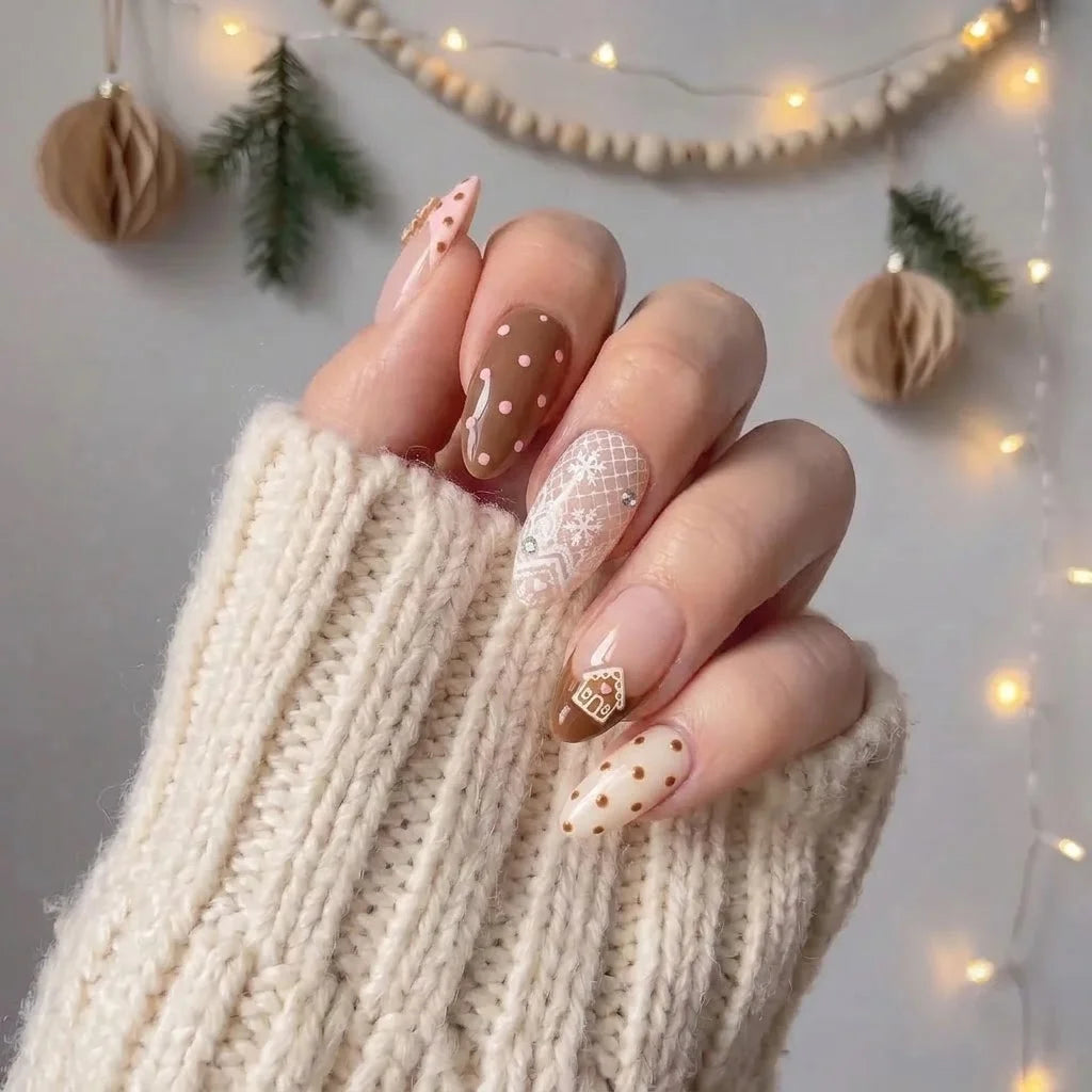 Gingerbread Lace Christmas press-on nails - on hand by Handora Nails