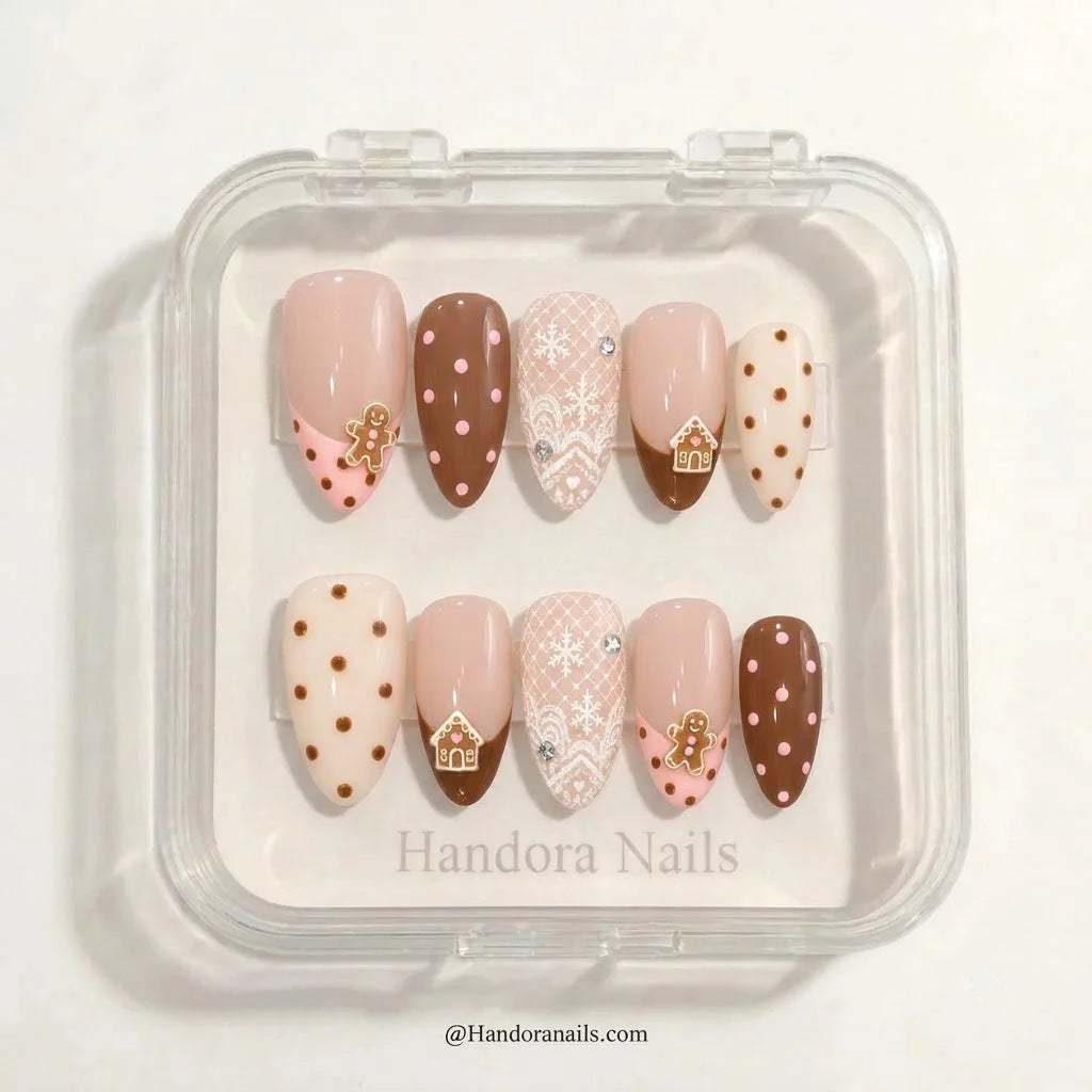 Gingerbread Lace Christmas press-on nails - in display box by Handora Nails