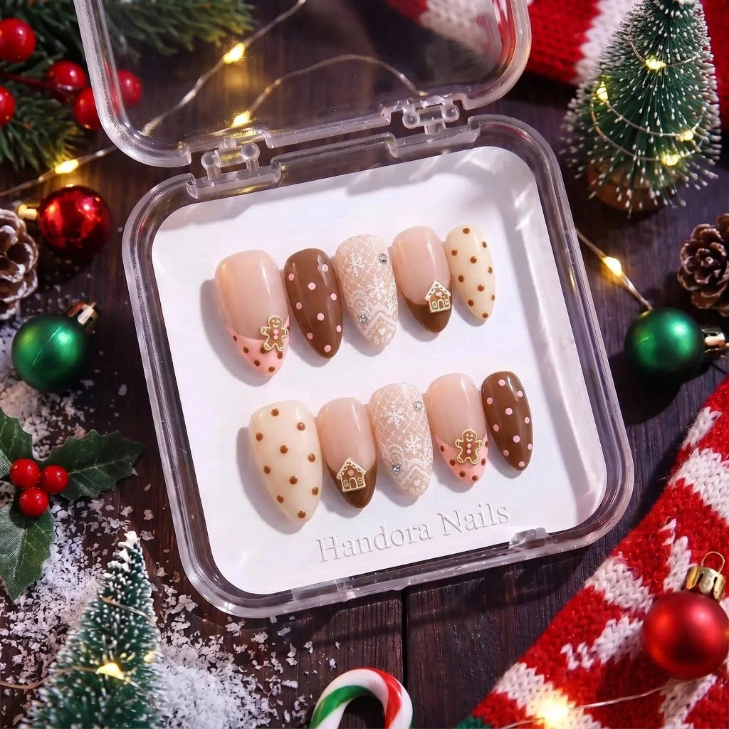 Gingerbread Lace Christmas press-on nails - in display box by Handora Nails