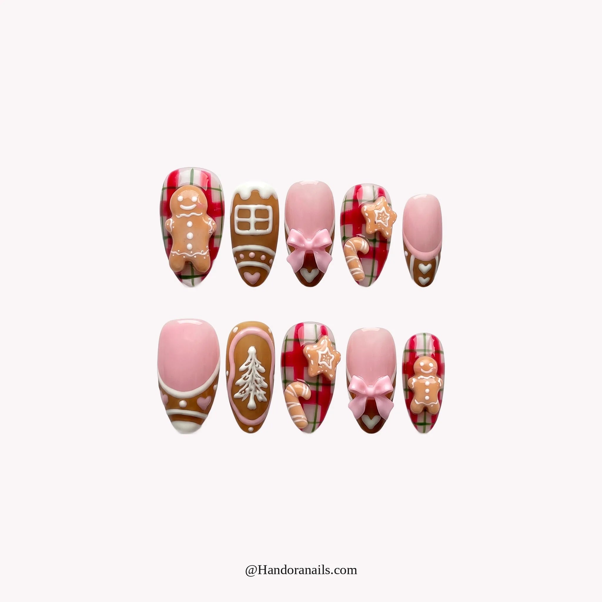 Gingerbread Lane press-on nails – almond shape, white and pink