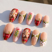 Gingerbread Tart christmas press-on nails – flat lay and packaging by Handora Nails