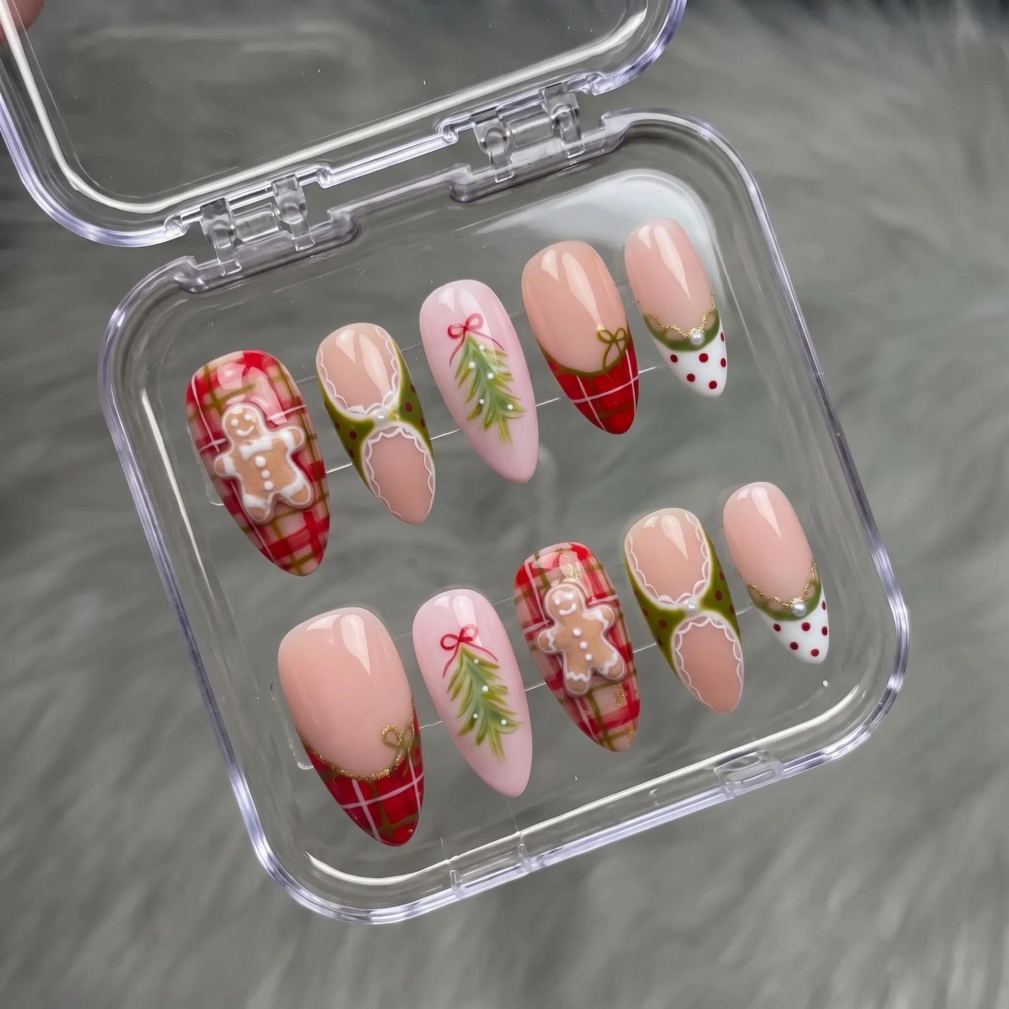 Gingerbread Tart christmas press-on nails – flat lay and packaging by Handora Nails