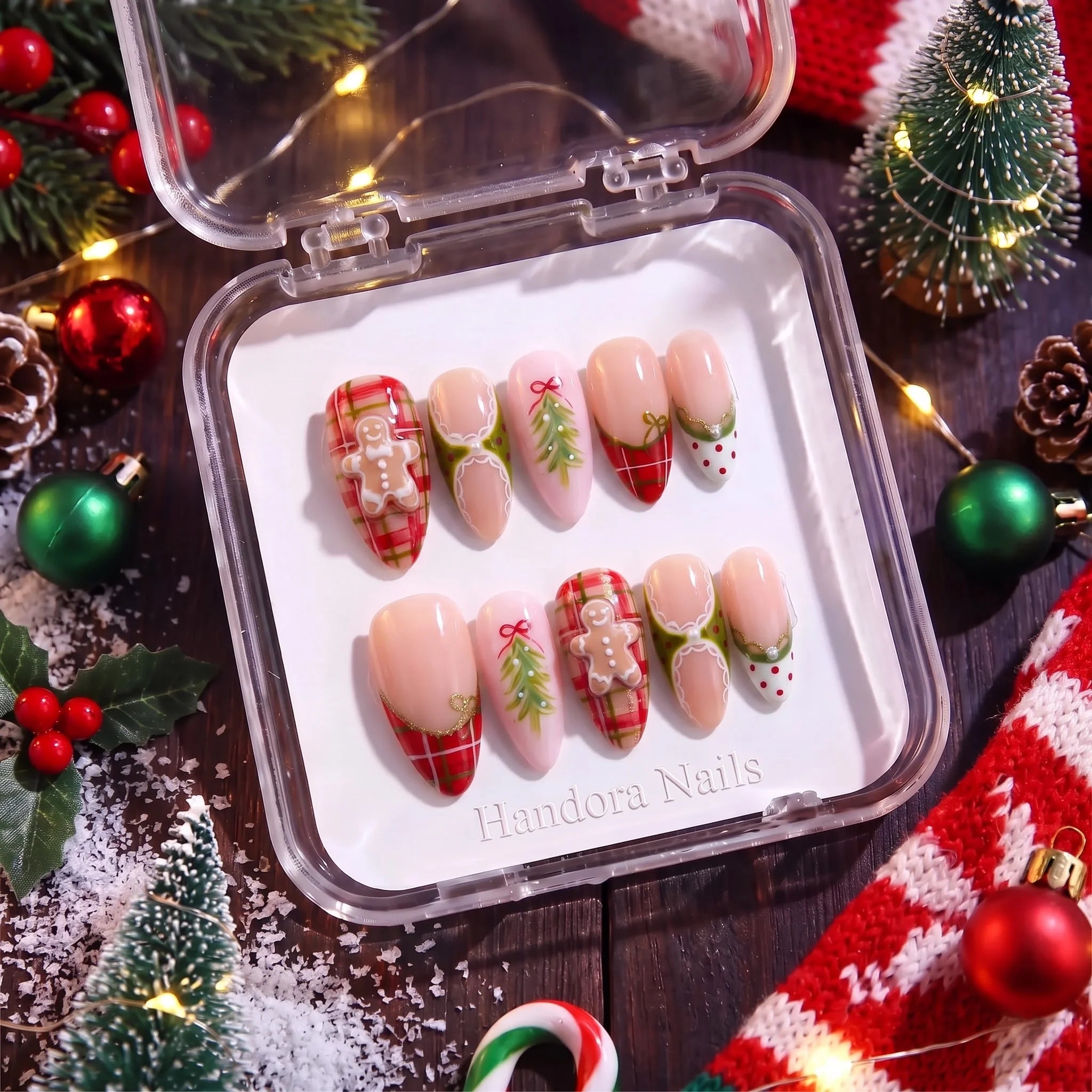 Gingerbread Tart christmas press-on nails – flat lay and packaging by Handora Nails