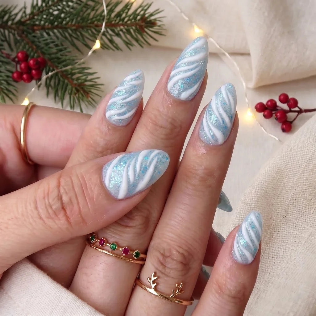 Glacial Ribbon Christmas press-on nails - design view 3 by Handora Nails