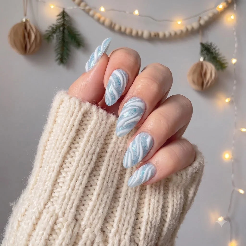 Glacial Ribbon Christmas press-on nails - design view 4 by Handora Nails