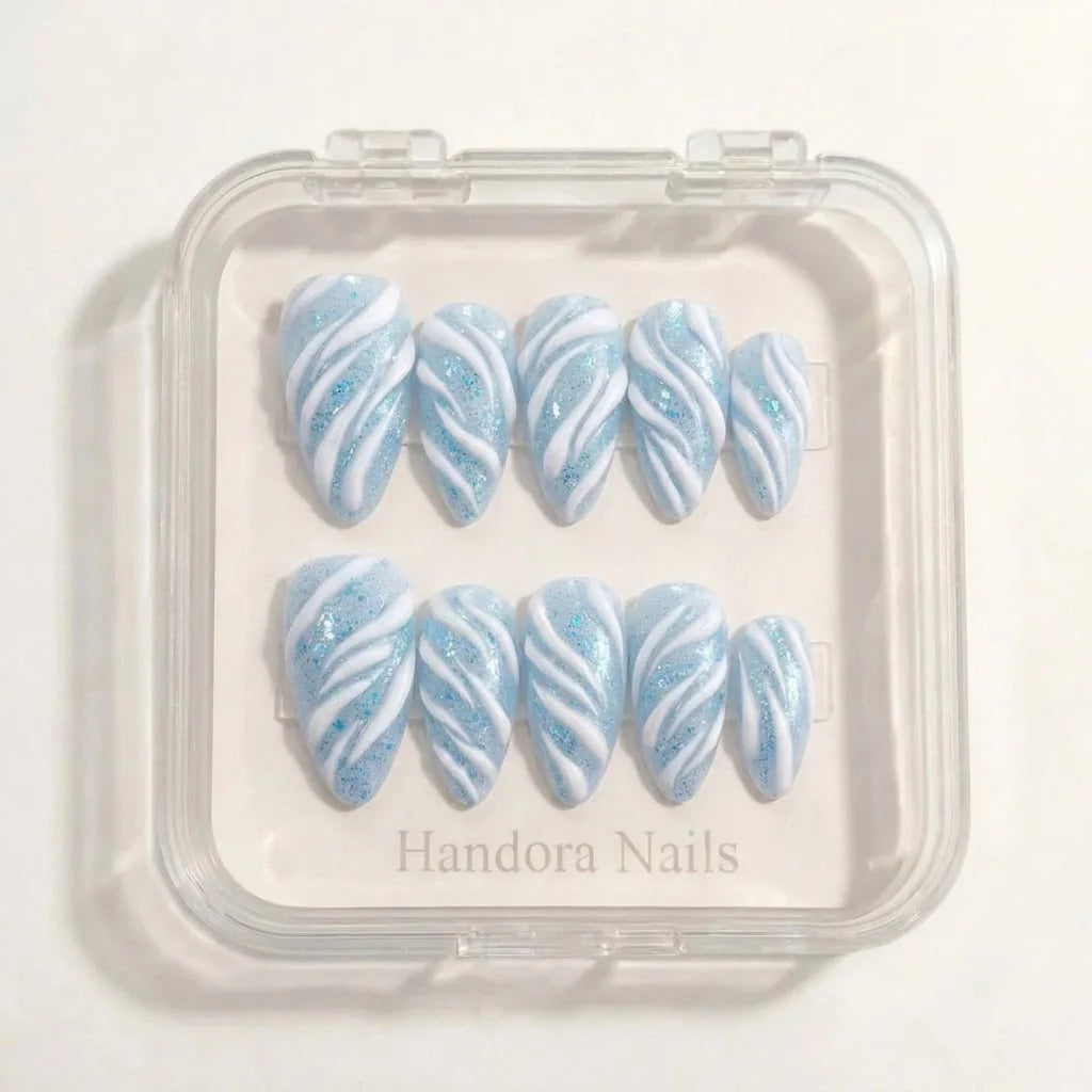 Glacial Ribbon Christmas press-on nails - design view 7 by Handora Nails