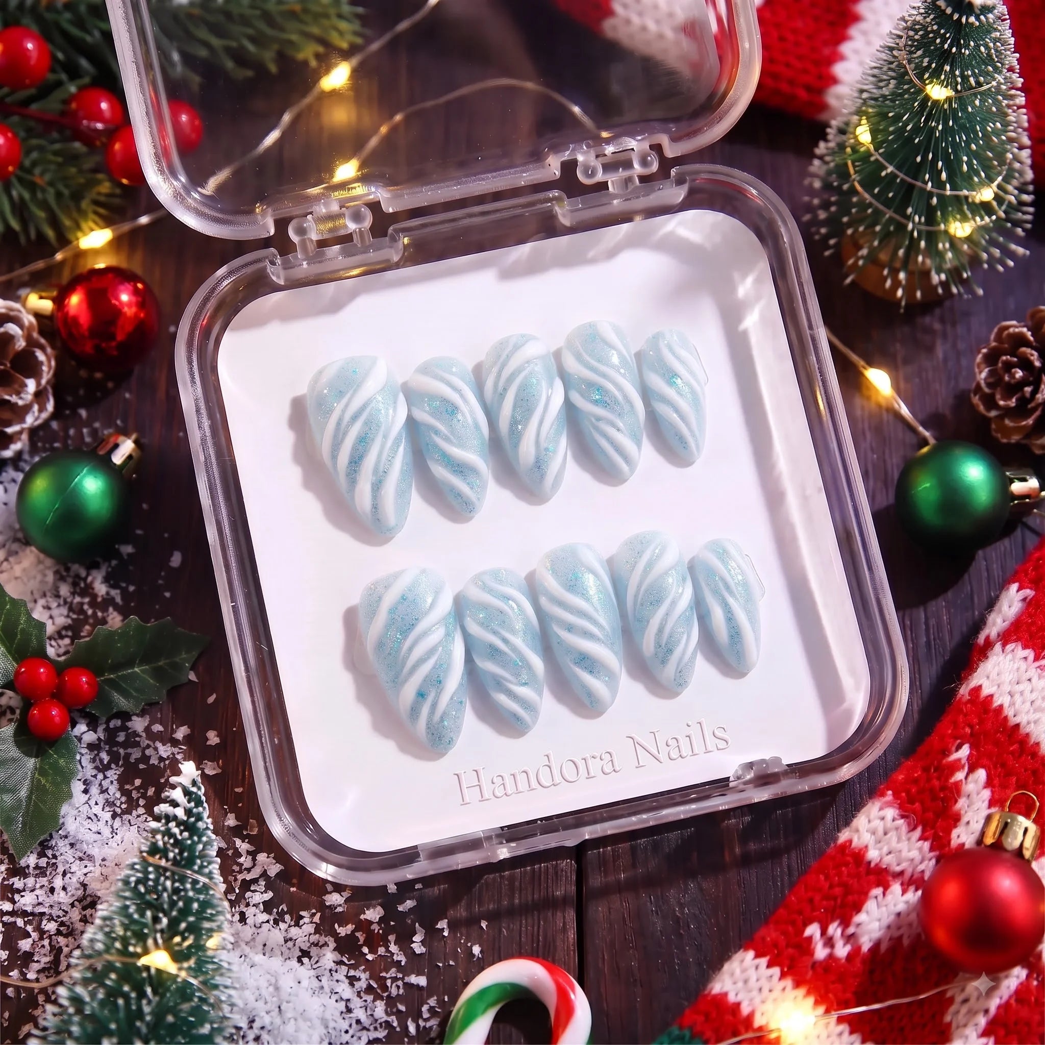 Glacial Ribbon Christmas press-on nails - design view 8 by Handora Nails