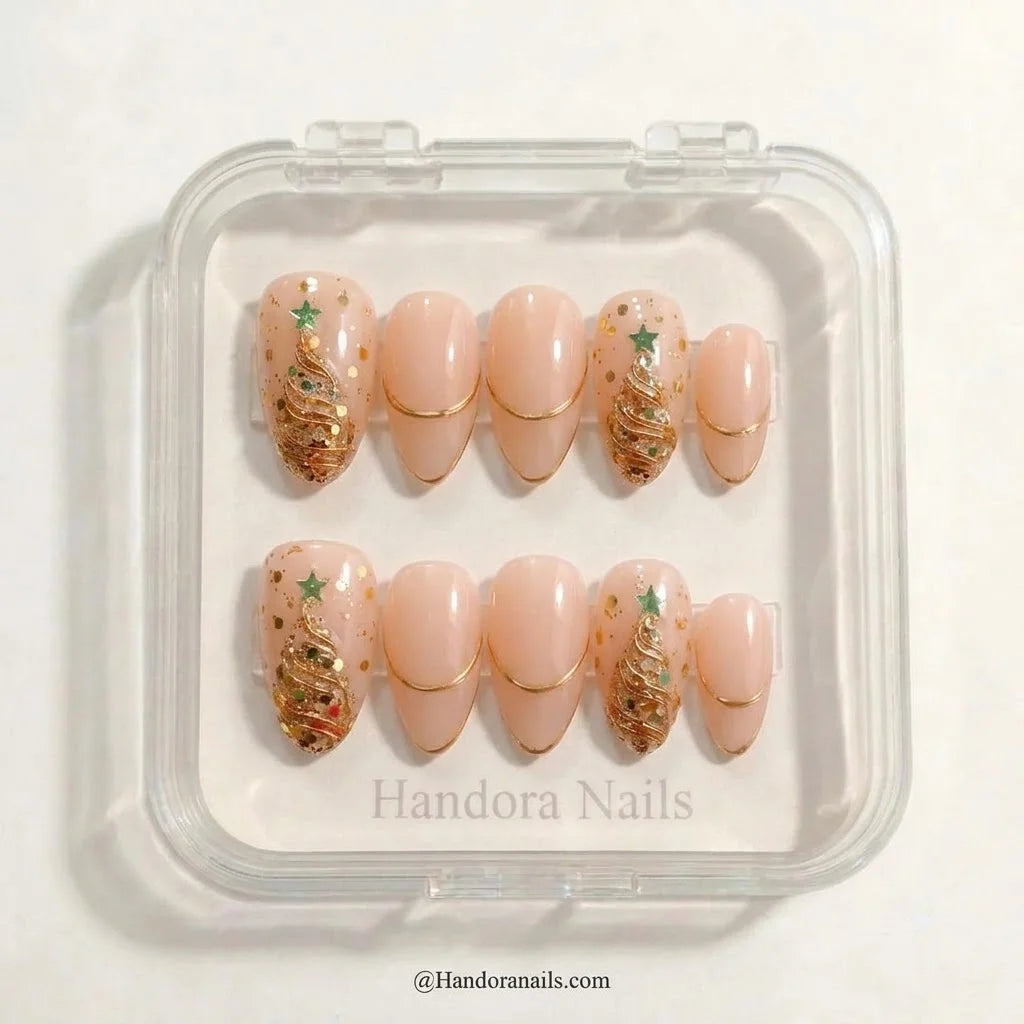 Golden Fir Christmas press-on nails - design view 5 by Handora Nails