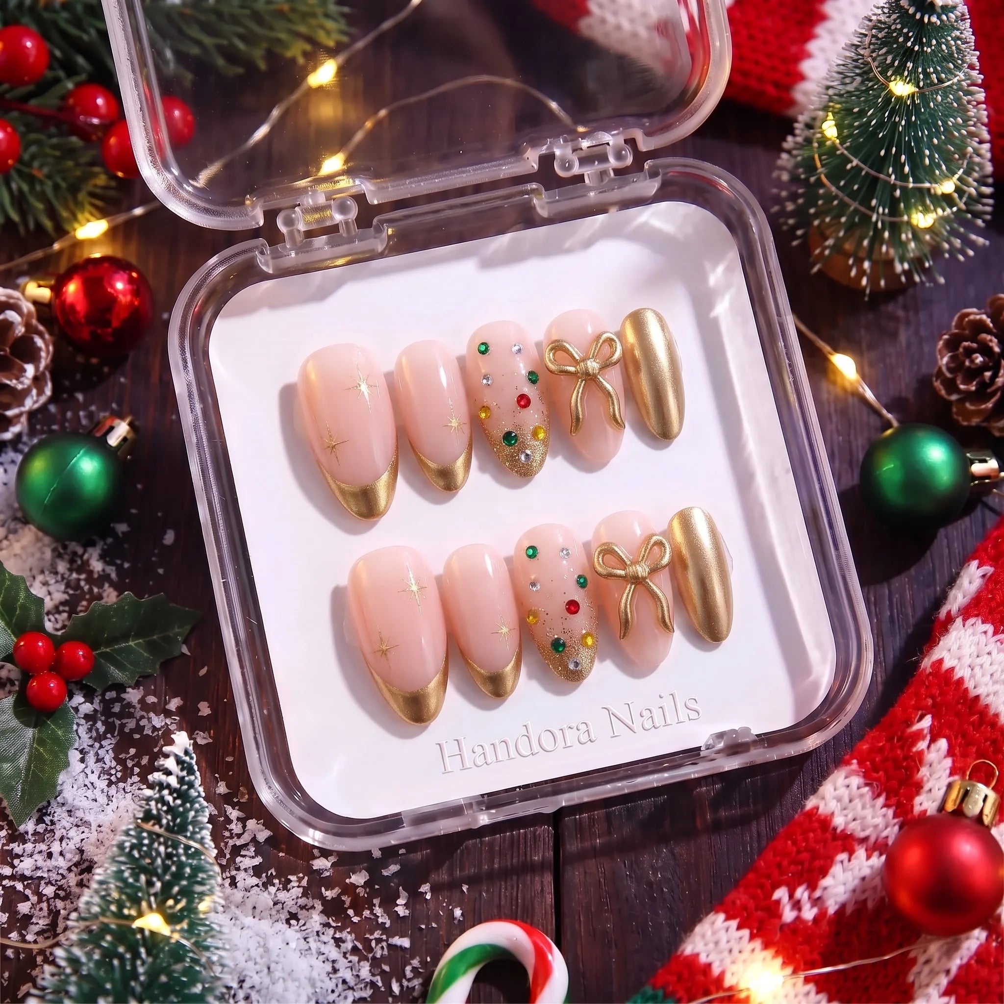 Golden Gift Christmas press-on nails - design view 10 by Handora Nails