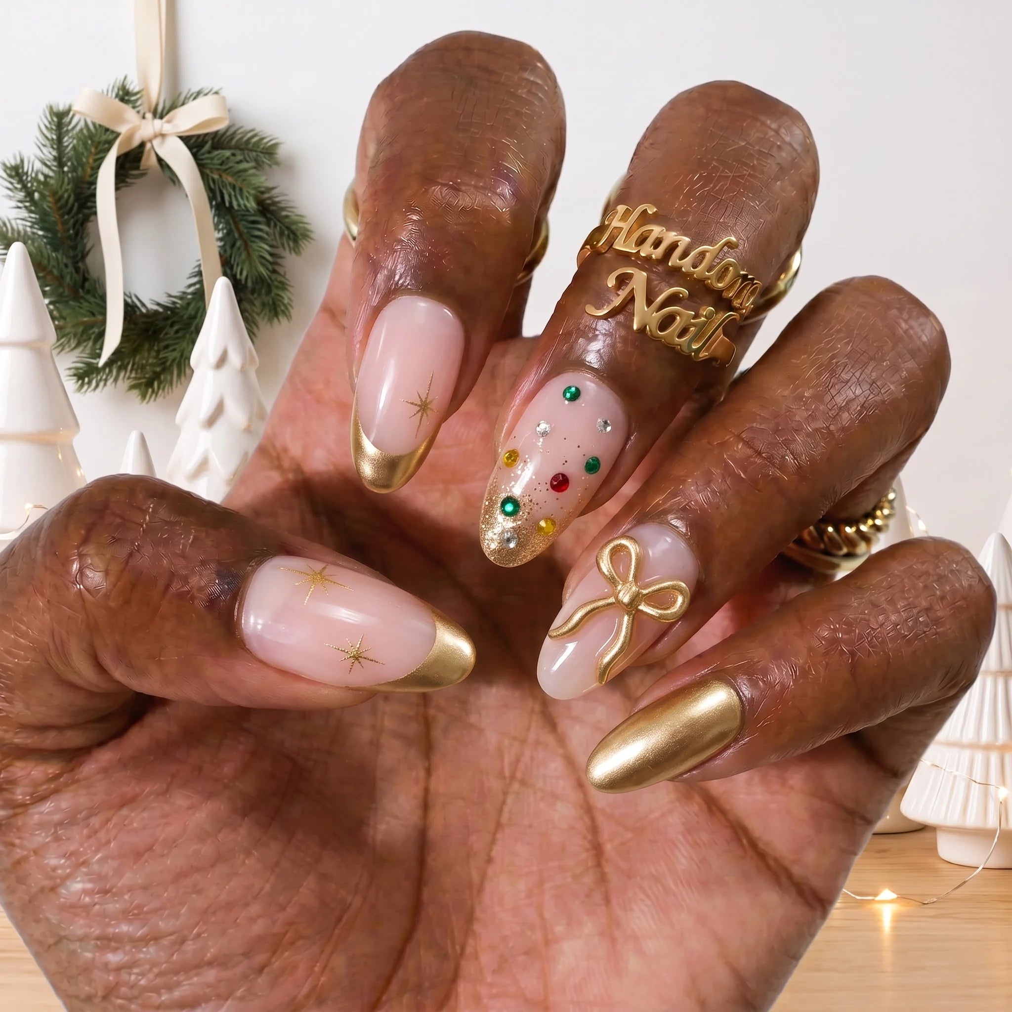 Golden Gift Christmas press-on nails - design view 5 by Handora Nails