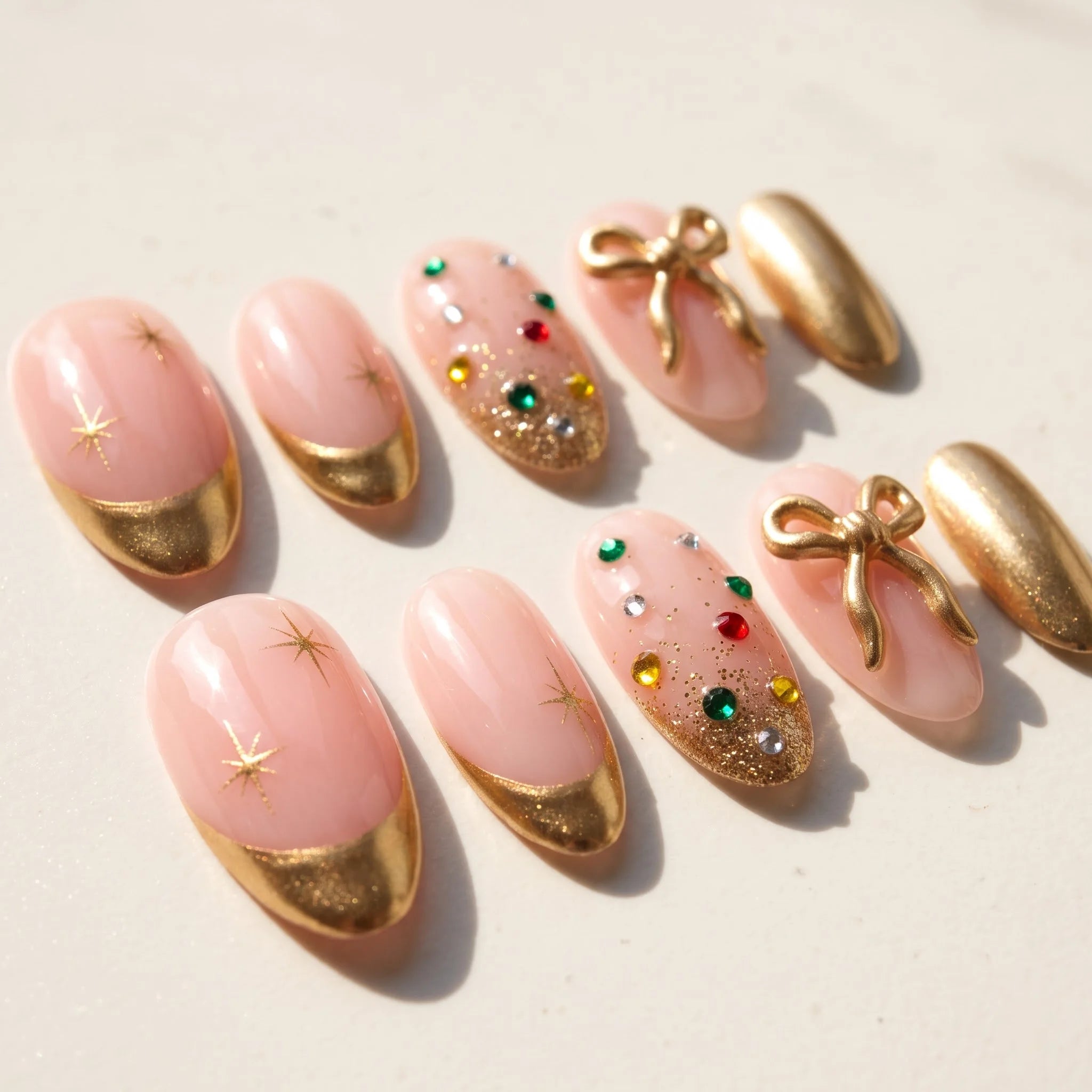 Golden Gift Christmas press-on nails - design view 7 by Handora Nails