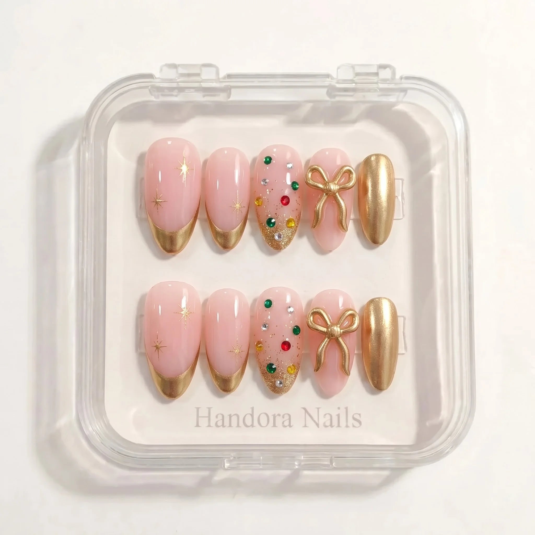Golden Gift Christmas press-on nails - design view 9 by Handora Nails