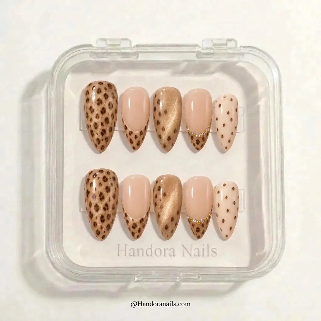 Golden Lynx winter press-on nails - in display box by Handora Nails