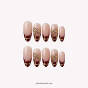 Golden Ribbon Plaid French press-on nails – white background by Handora Nails