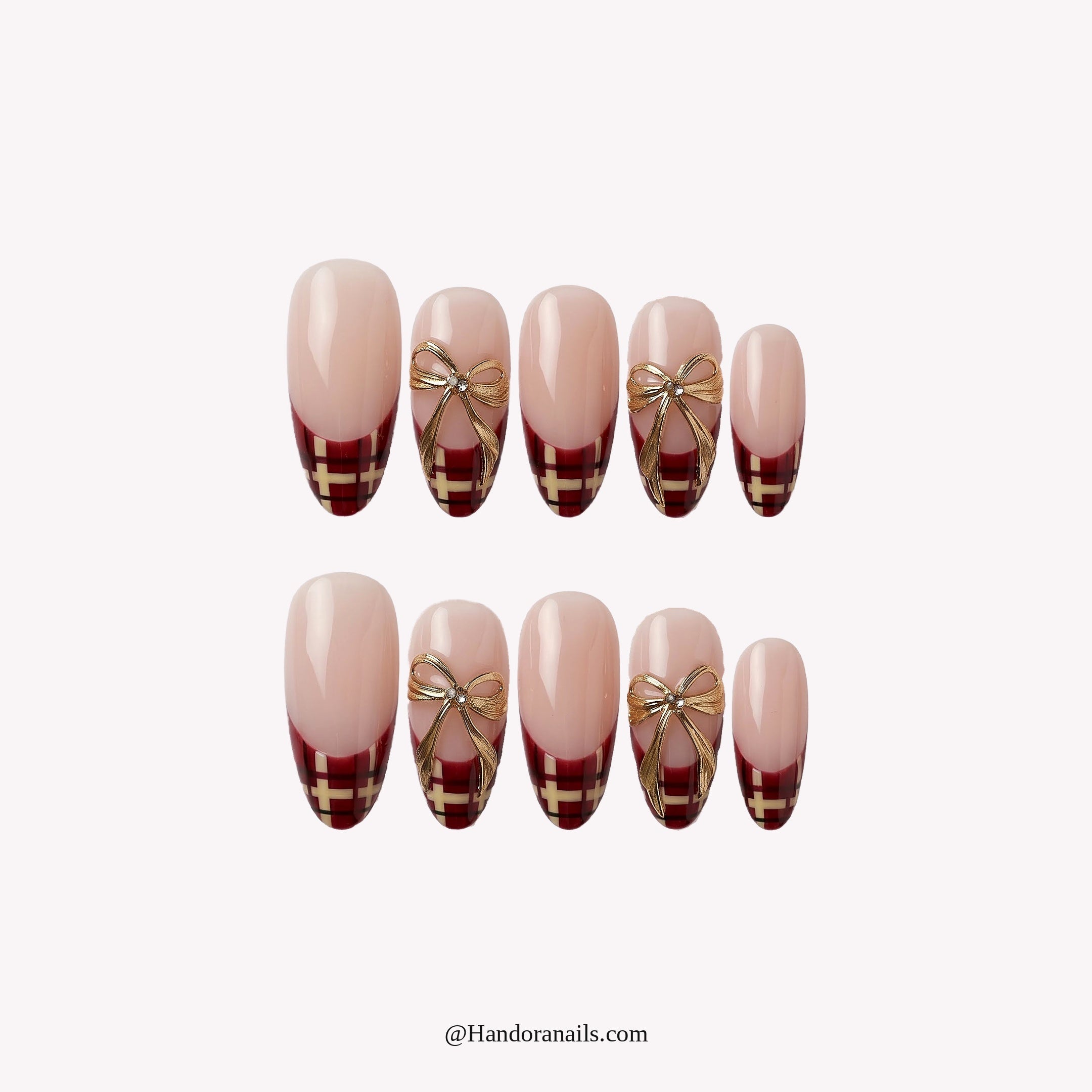 Golden Ribbon Plaid French press-on nails – white background by Handora Nails