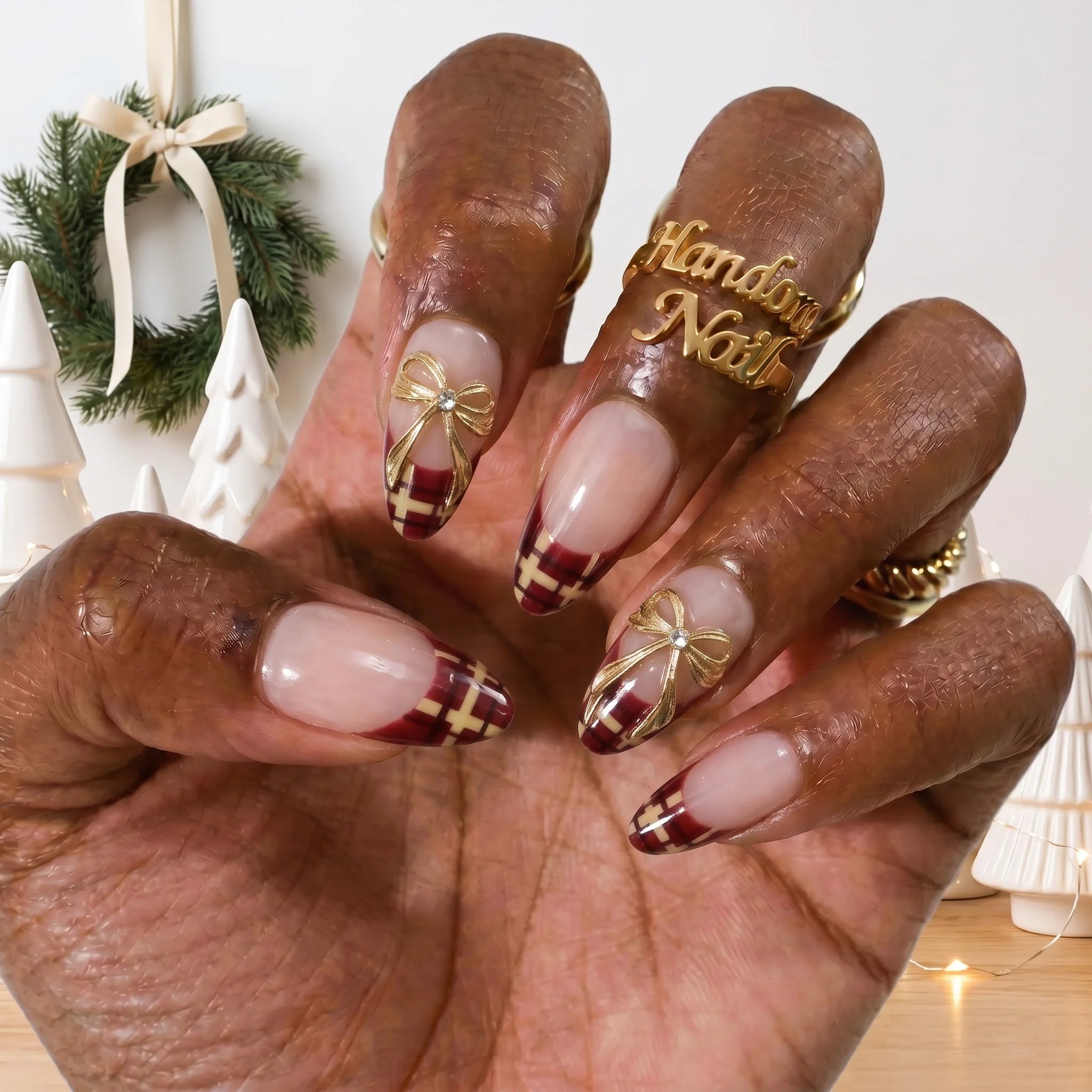 Golden Ribbon Plaid French press-on nails – on hand by Handora Nails