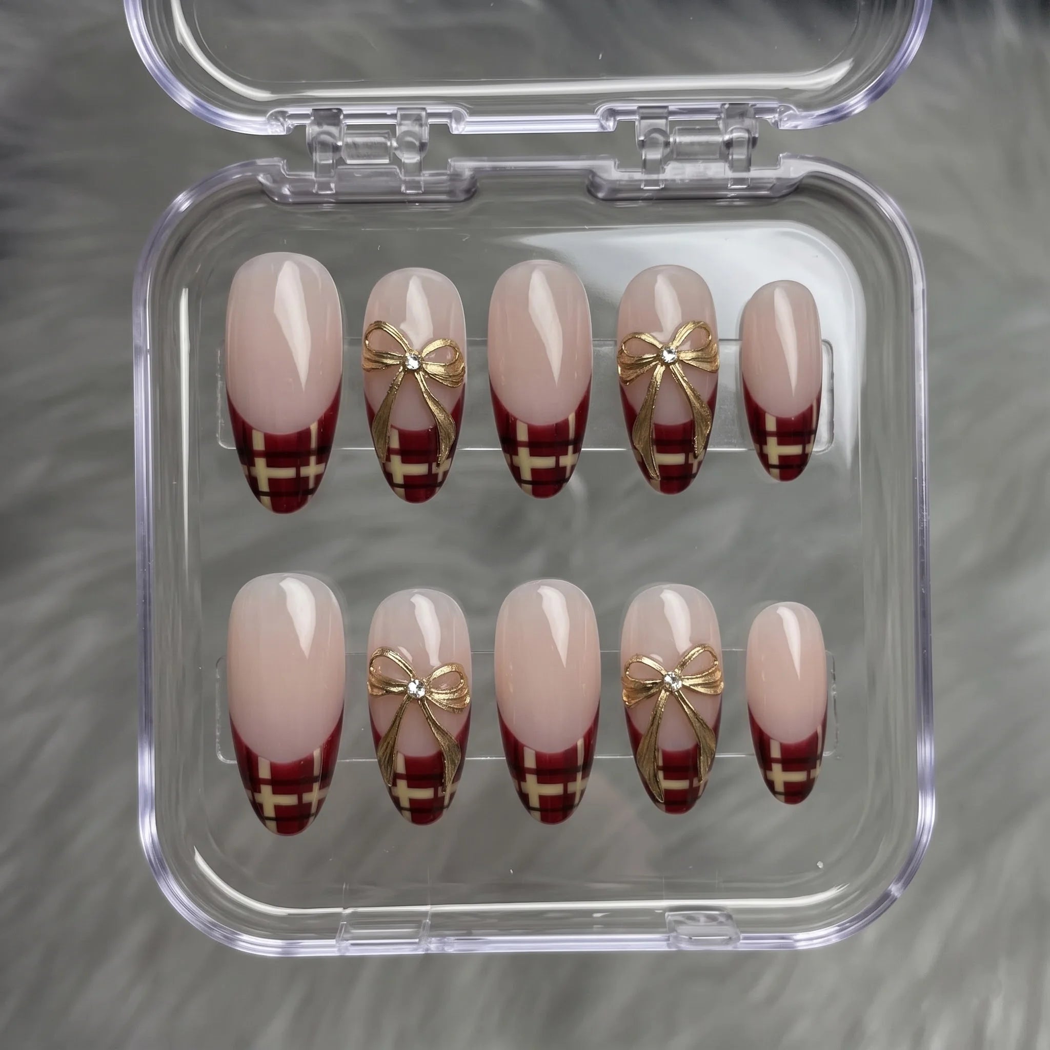 Golden Ribbon Plaid French press-on nails – in gift box by Handora Nails